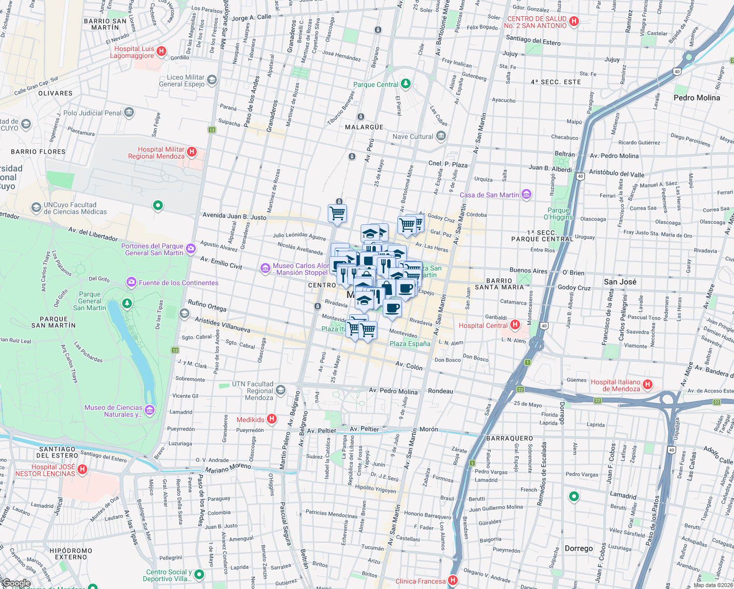 map of restaurants, bars, coffee shops, grocery stores, and more near in Mendoza