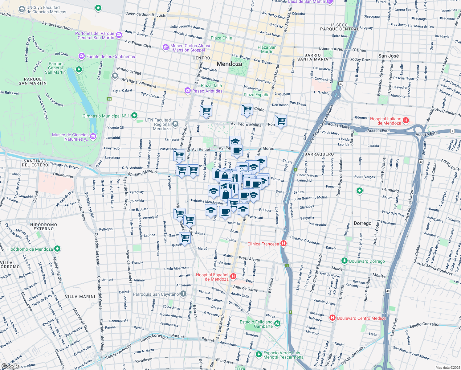 map of restaurants, bars, coffee shops, grocery stores, and more near 7 Avenida España in Mendoza