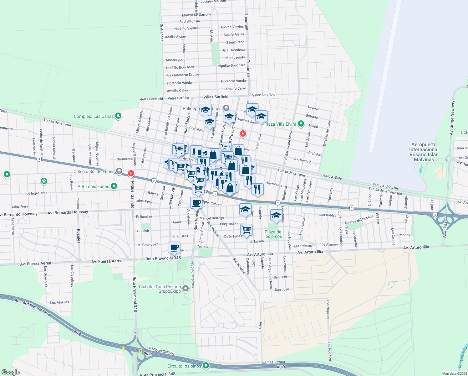 map of restaurants, bars, coffee shops, grocery stores, and more near 1250 San José in Funes