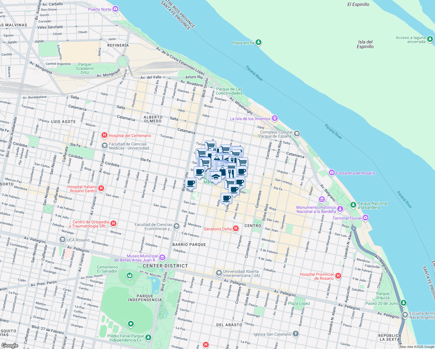 map of restaurants, bars, coffee shops, grocery stores, and more near 1874 Santa Fe in AUD