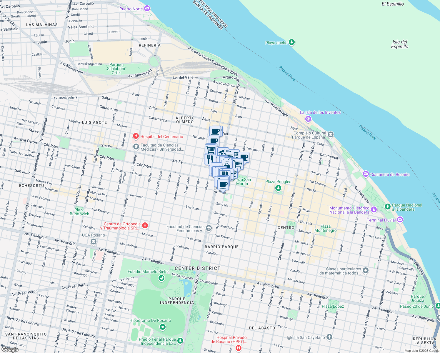 map of restaurants, bars, coffee shops, grocery stores, and more near 759 Boulevard Oroño in Rosario