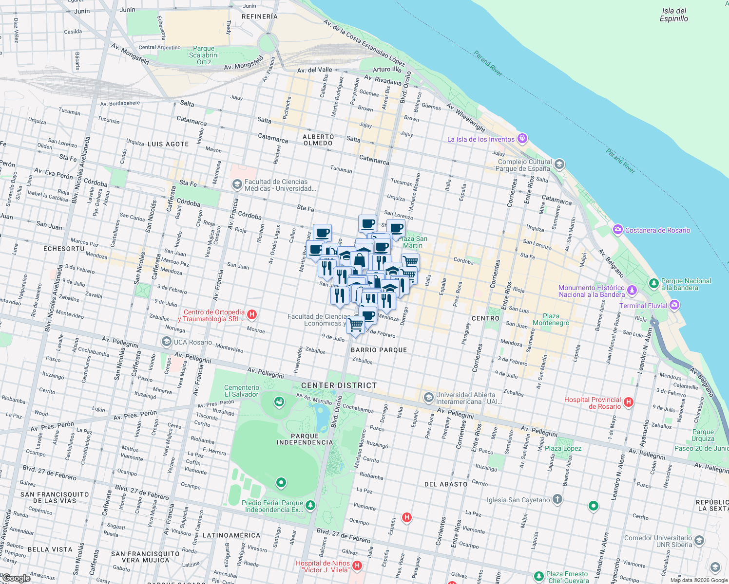 map of restaurants, bars, coffee shops, grocery stores, and more near in Rosario