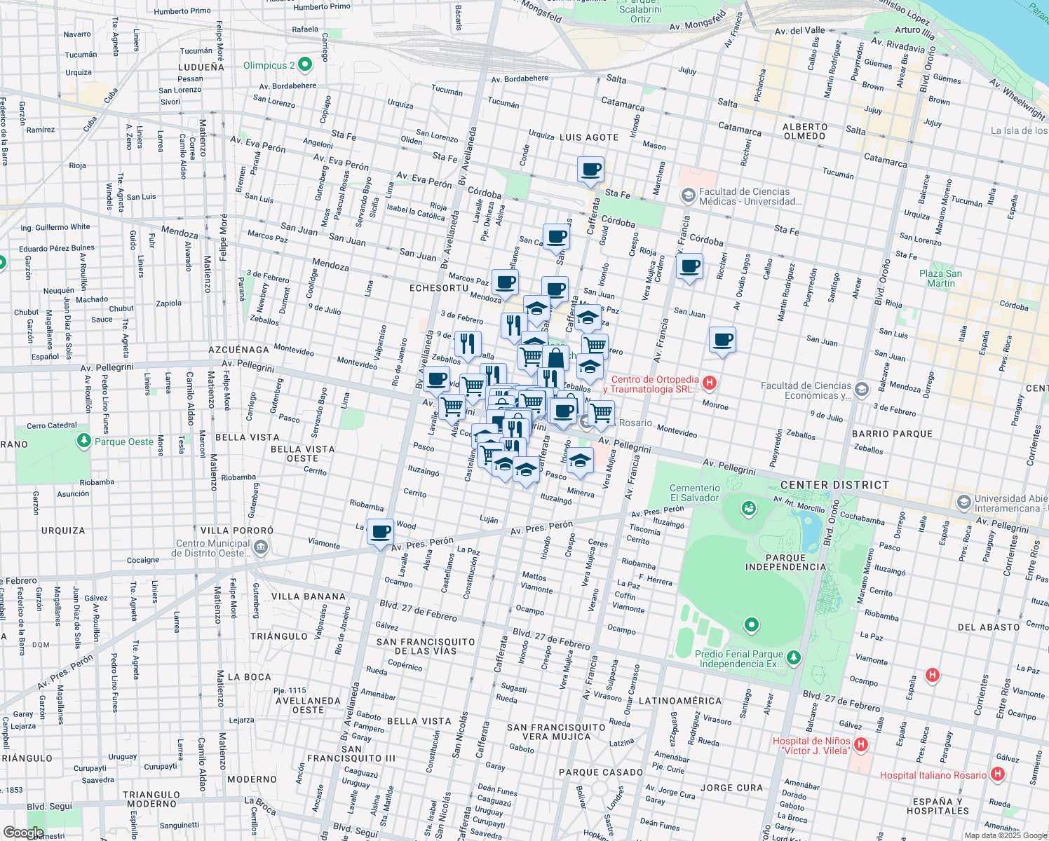 map of restaurants, bars, coffee shops, grocery stores, and more near 3598 Pellegrini Avenue in Rosario