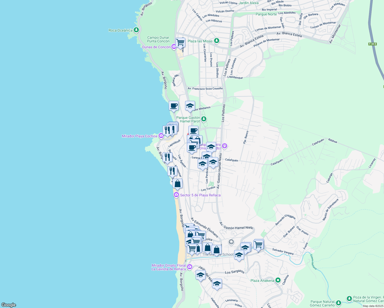 map of restaurants, bars, coffee shops, grocery stores, and more near 1850 Avenida Edmundo Eluchans in Concón