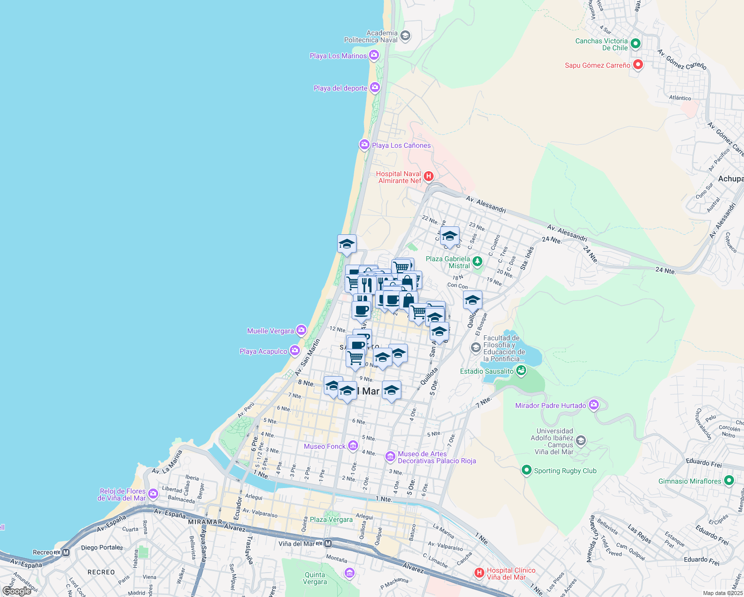 map of restaurants, bars, coffee shops, grocery stores, and more near 1348 Avenida Libertad in Viña del Mar