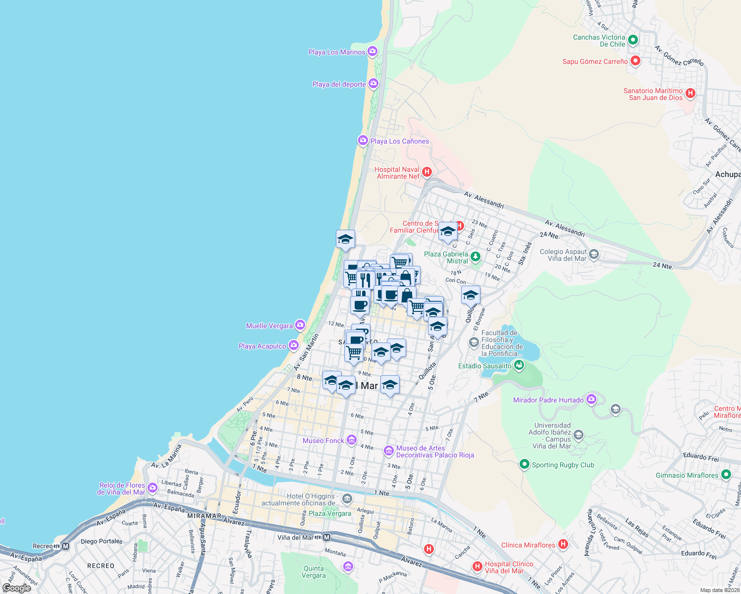 map of restaurants, bars, coffee shops, grocery stores, and more near 1348 Avenida Libertad in Viña del Mar