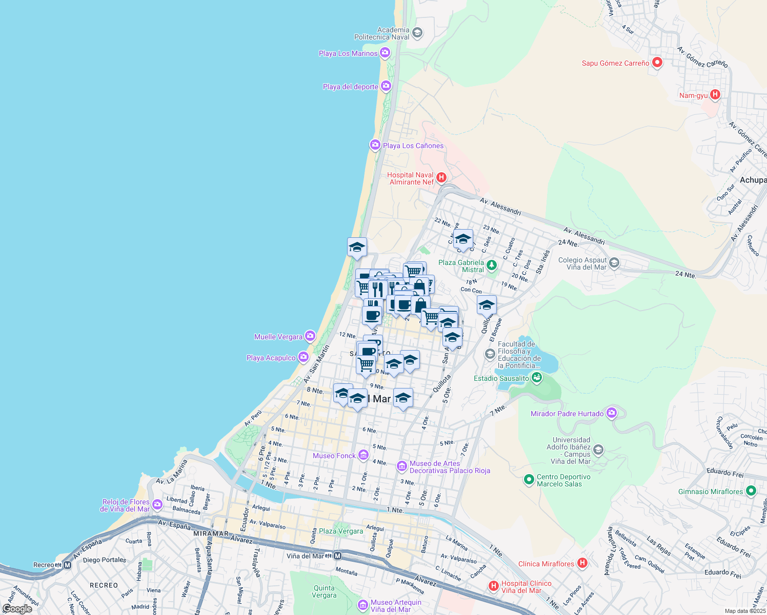 map of restaurants, bars, coffee shops, grocery stores, and more near 821 14 Norte in Viña del Mar
