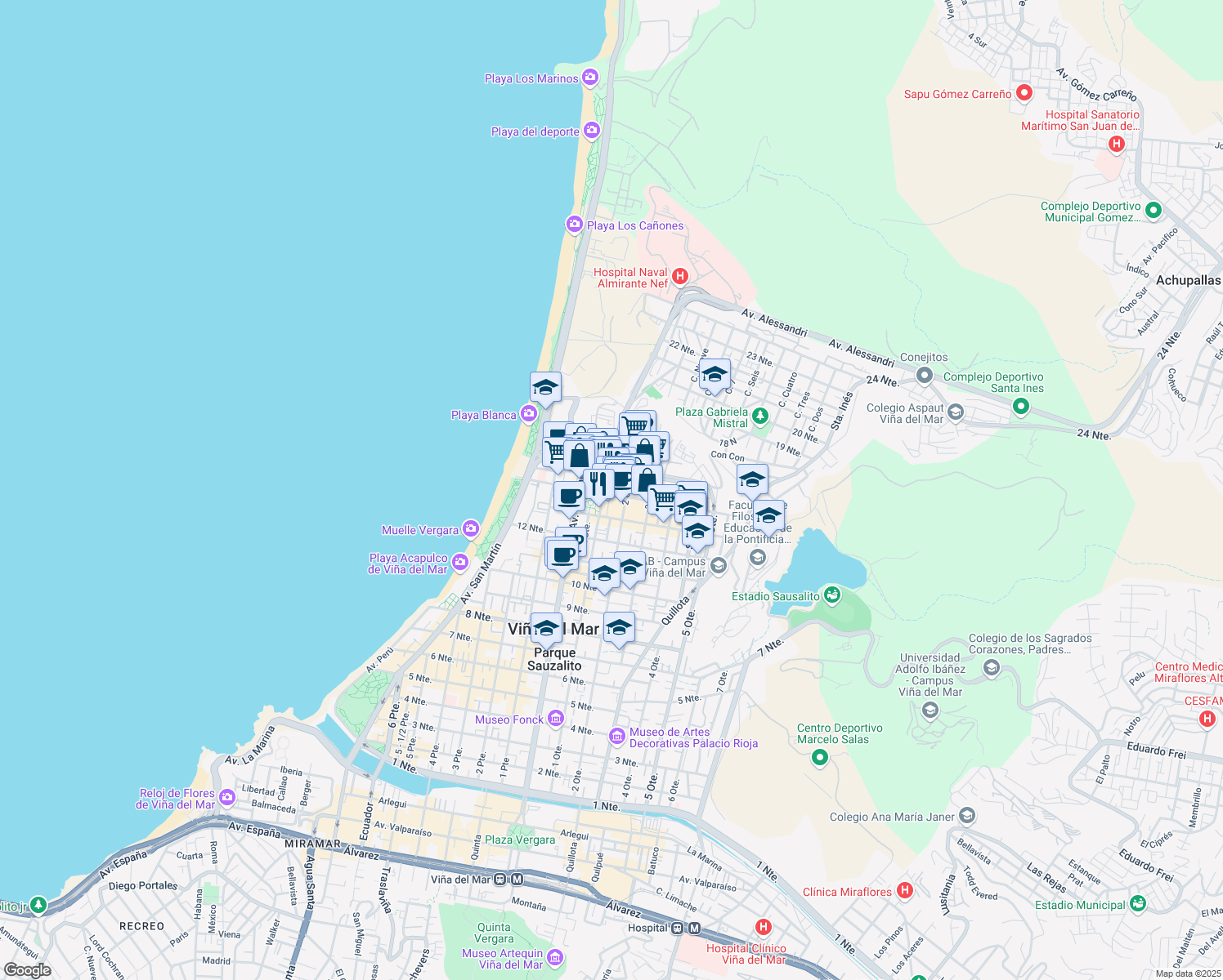 map of restaurants, bars, coffee shops, grocery stores, and more near 821 14 Norte in Viña del Mar