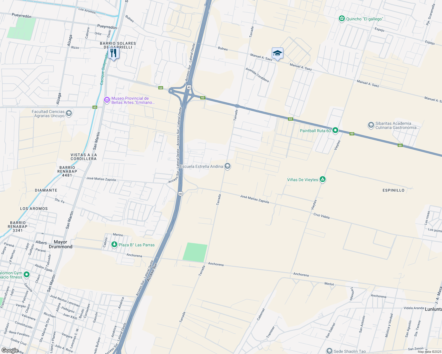 map of restaurants, bars, coffee shops, grocery stores, and more near 3278 Terrada in Maipú