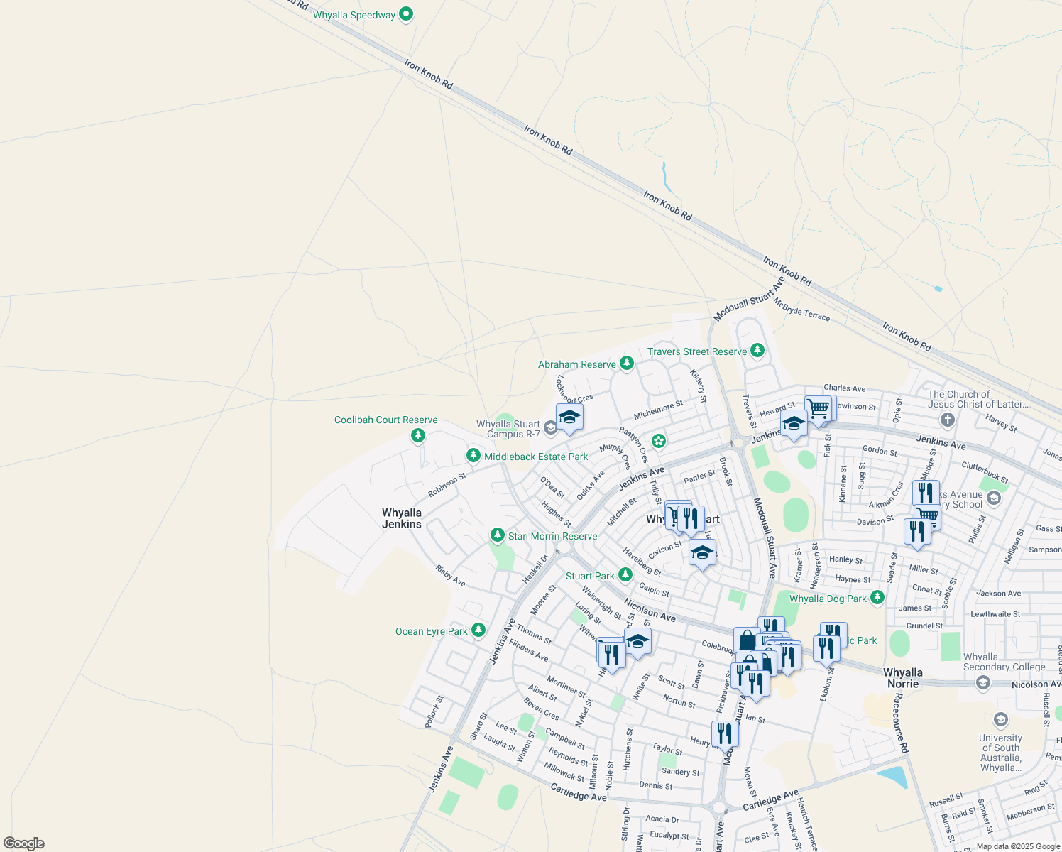 map of restaurants, bars, coffee shops, grocery stores, and more near LOT 6533 Bastyan Crescent in Whyalla Stuart