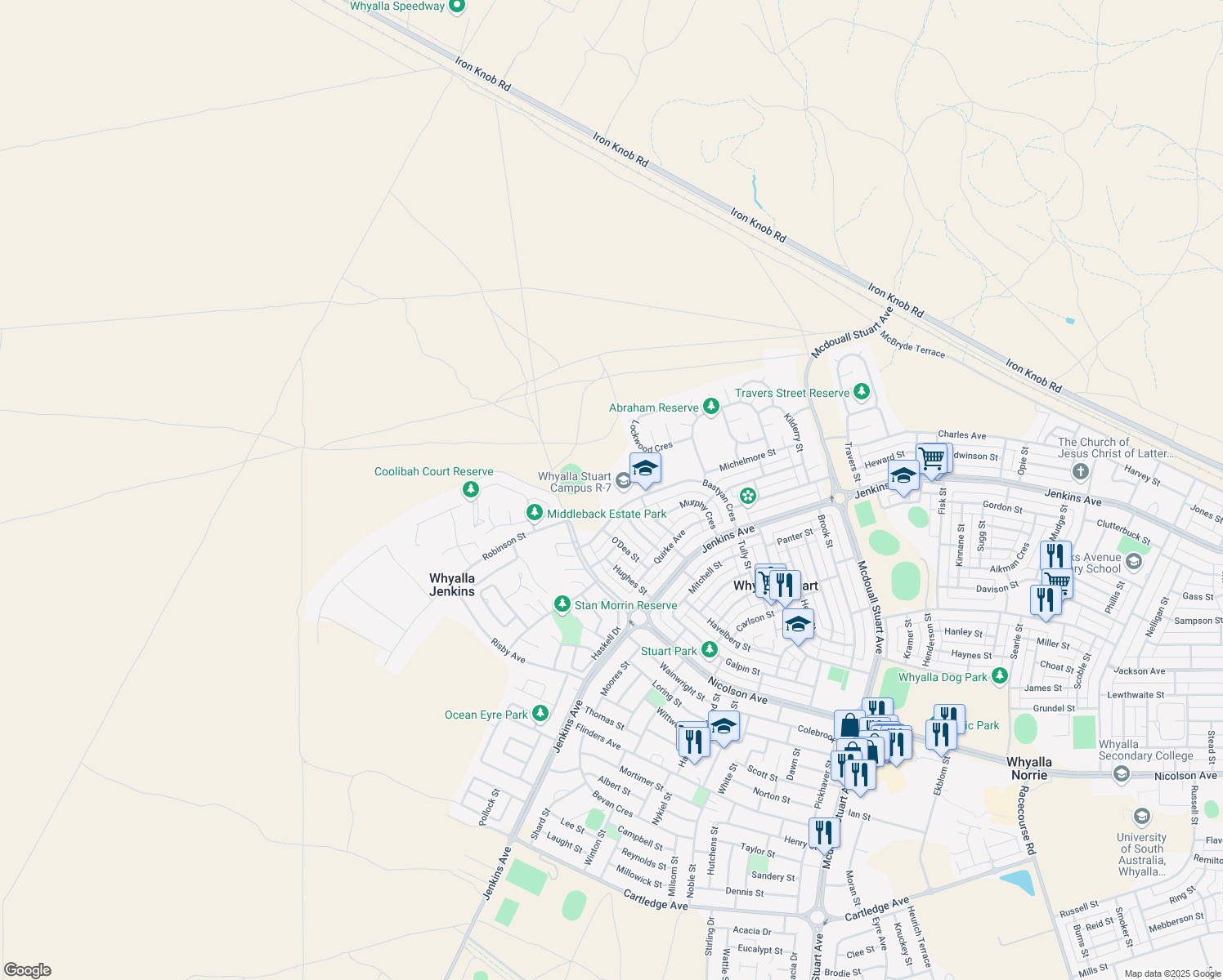 map of restaurants, bars, coffee shops, grocery stores, and more near LOT 6533 Bastyan Crescent in Whyalla Stuart