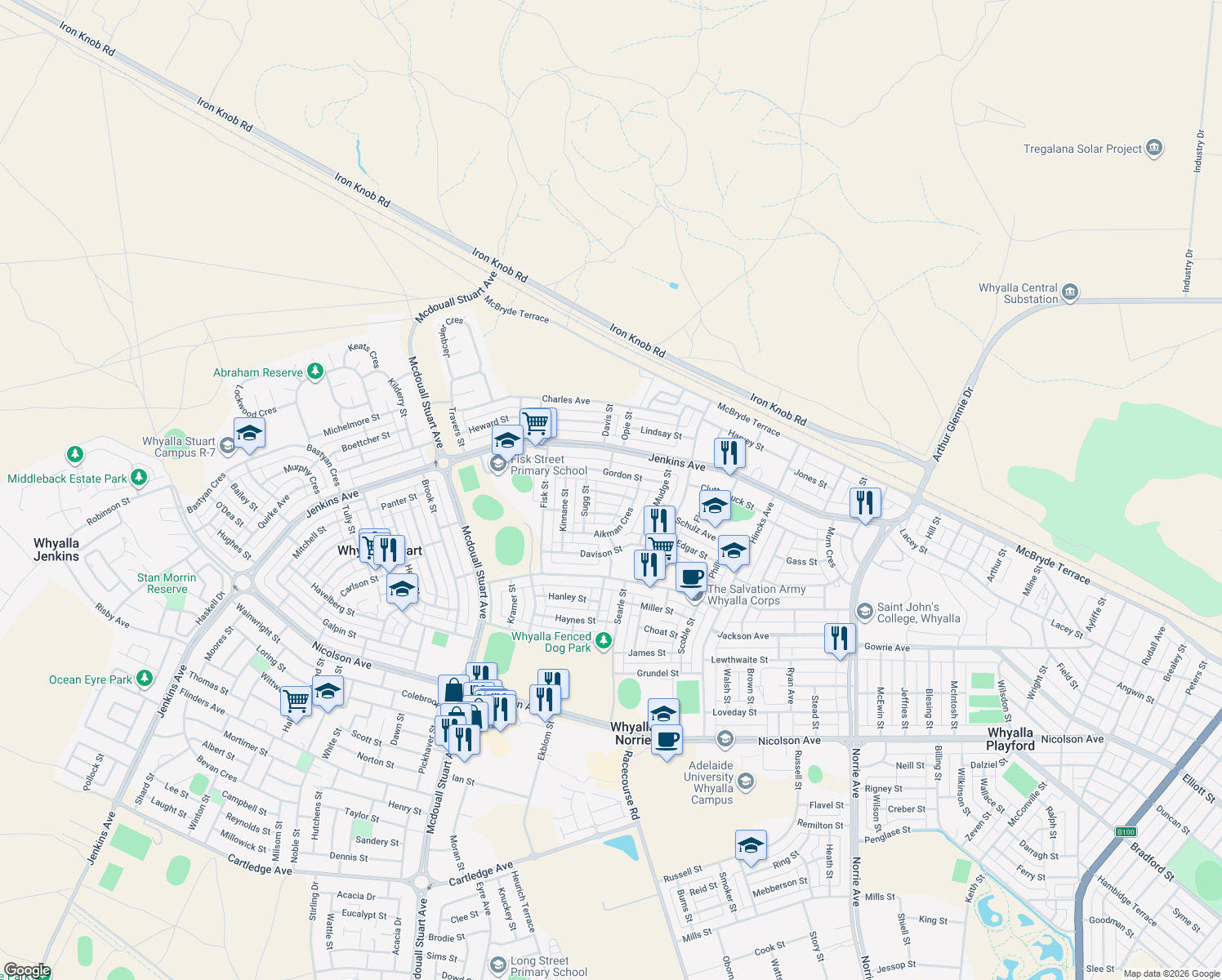 map of restaurants, bars, coffee shops, grocery stores, and more near 12 Cowled Street in Whyalla Norrie