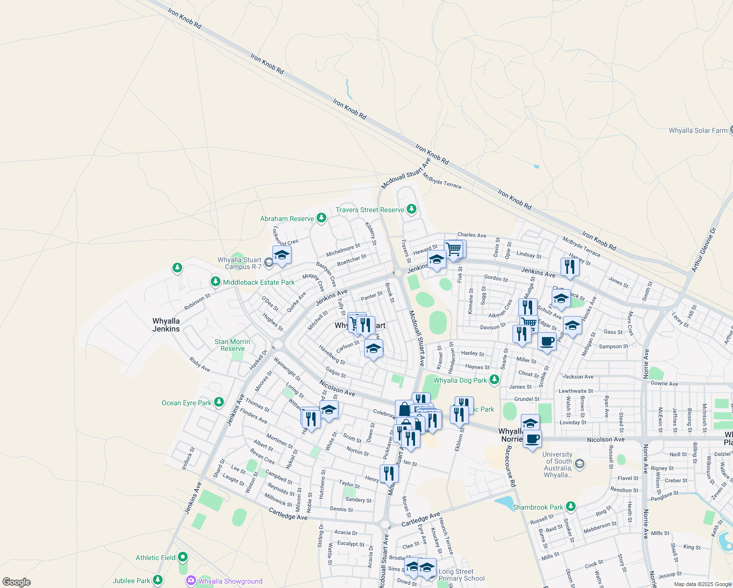 map of restaurants, bars, coffee shops, grocery stores, and more near 20 Panter Street in Whyalla Stuart