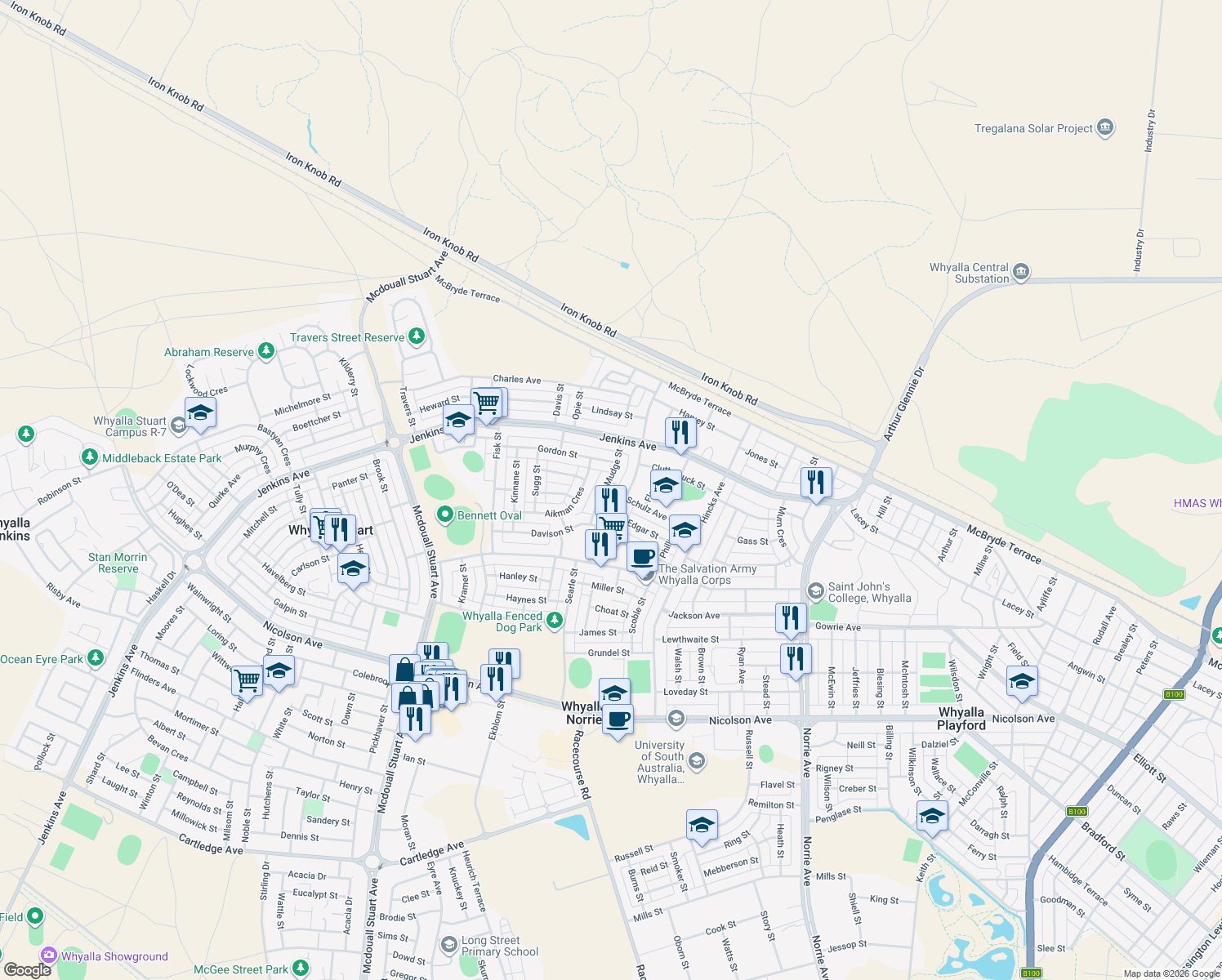 map of restaurants, bars, coffee shops, grocery stores, and more near 24 Mudge Street in Whyalla Norrie
