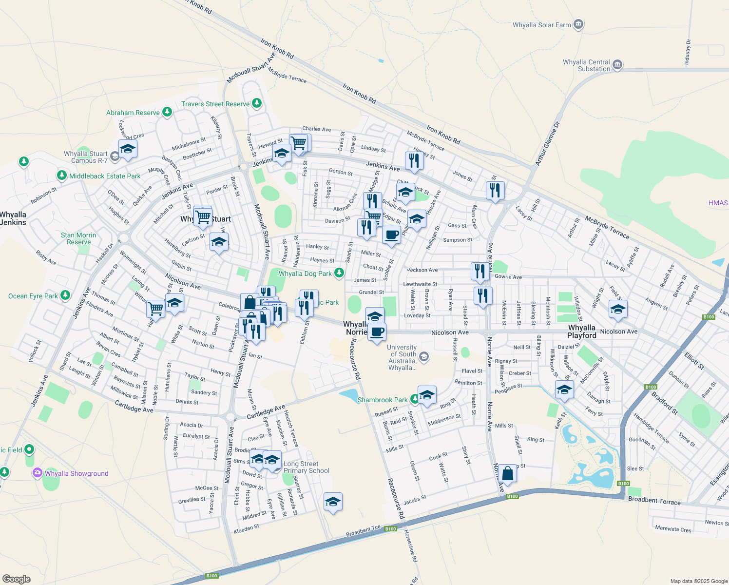 map of restaurants, bars, coffee shops, grocery stores, and more near Grundel Street in Whyalla Norrie