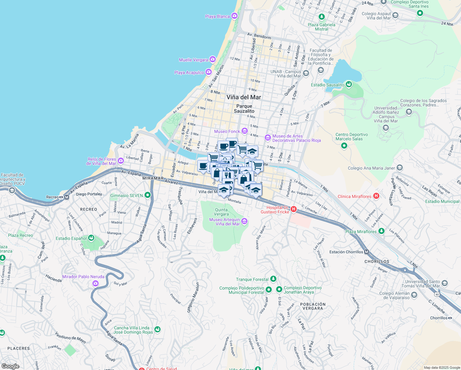 map of restaurants, bars, coffee shops, grocery stores, and more near 250 Plaza Sucre in Viña del Mar