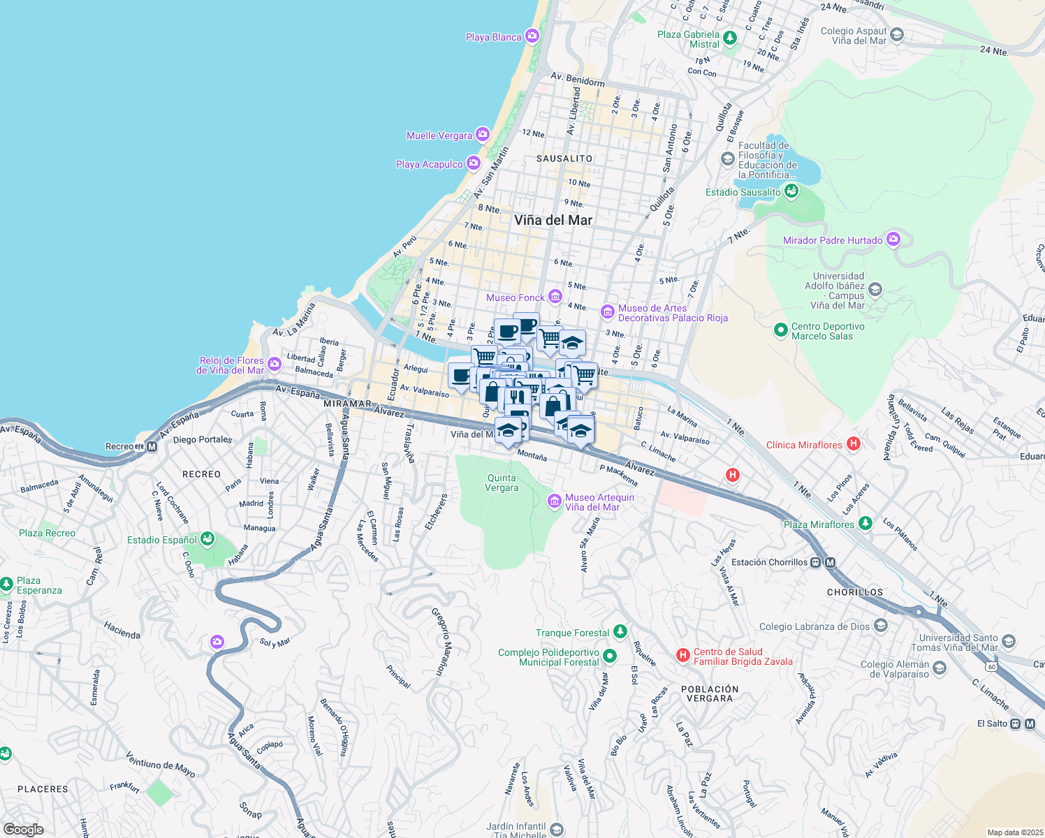 map of restaurants, bars, coffee shops, grocery stores, and more near 250 Plaza Sucre in Viña del Mar