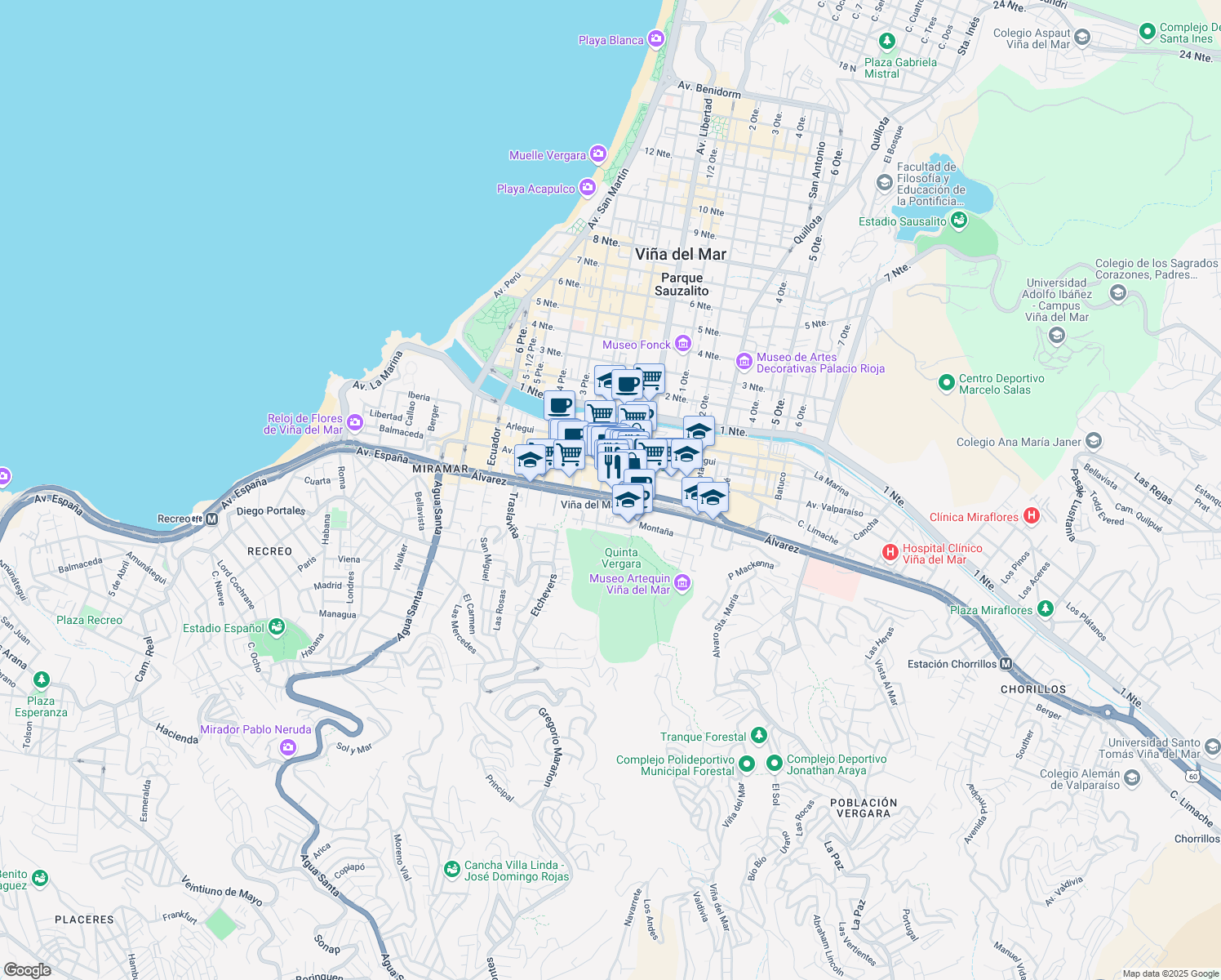 map of restaurants, bars, coffee shops, grocery stores, and more near 609 Viana in Viña del Mar