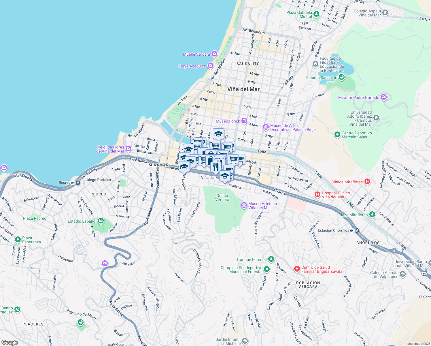 map of restaurants, bars, coffee shops, grocery stores, and more near 609 Viana in Viña del Mar