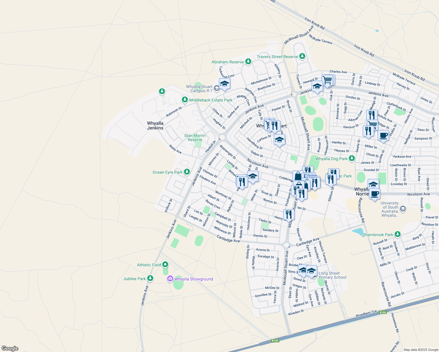 map of restaurants, bars, coffee shops, grocery stores, and more near 4 Thomas Street in Whyalla Stuart
