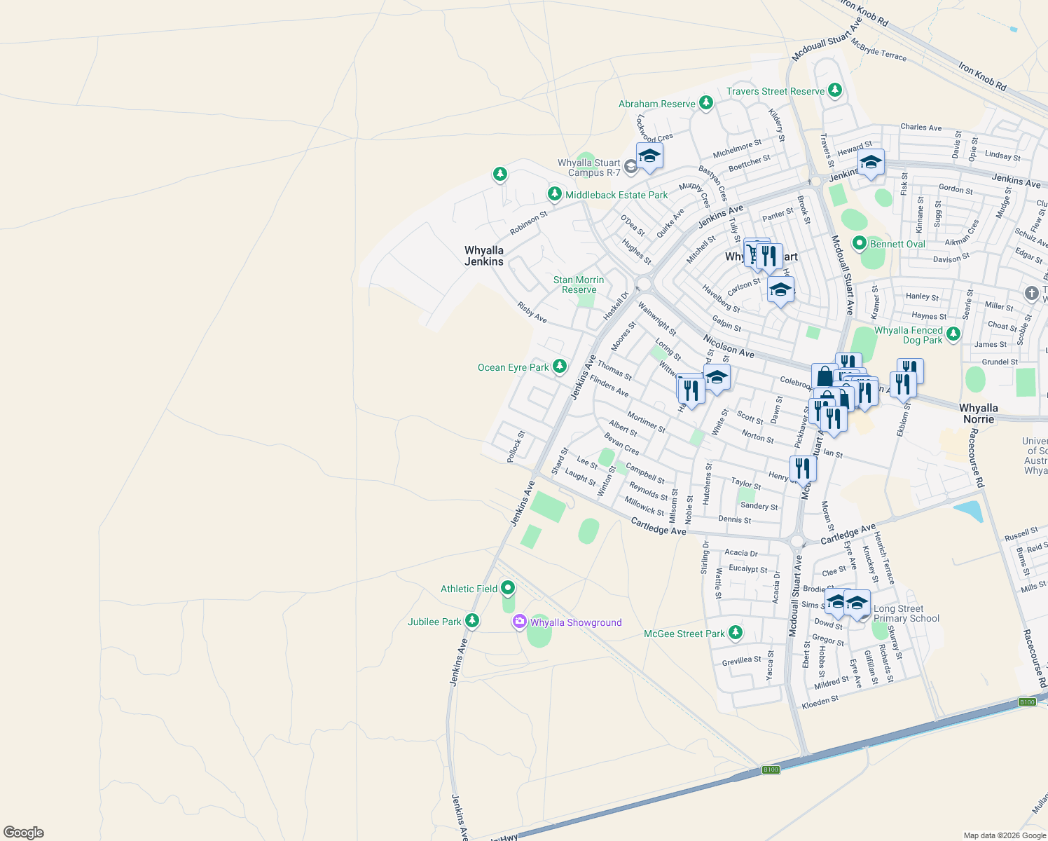 map of restaurants, bars, coffee shops, grocery stores, and more near 49 Custance Avenue in Whyalla Jenkins