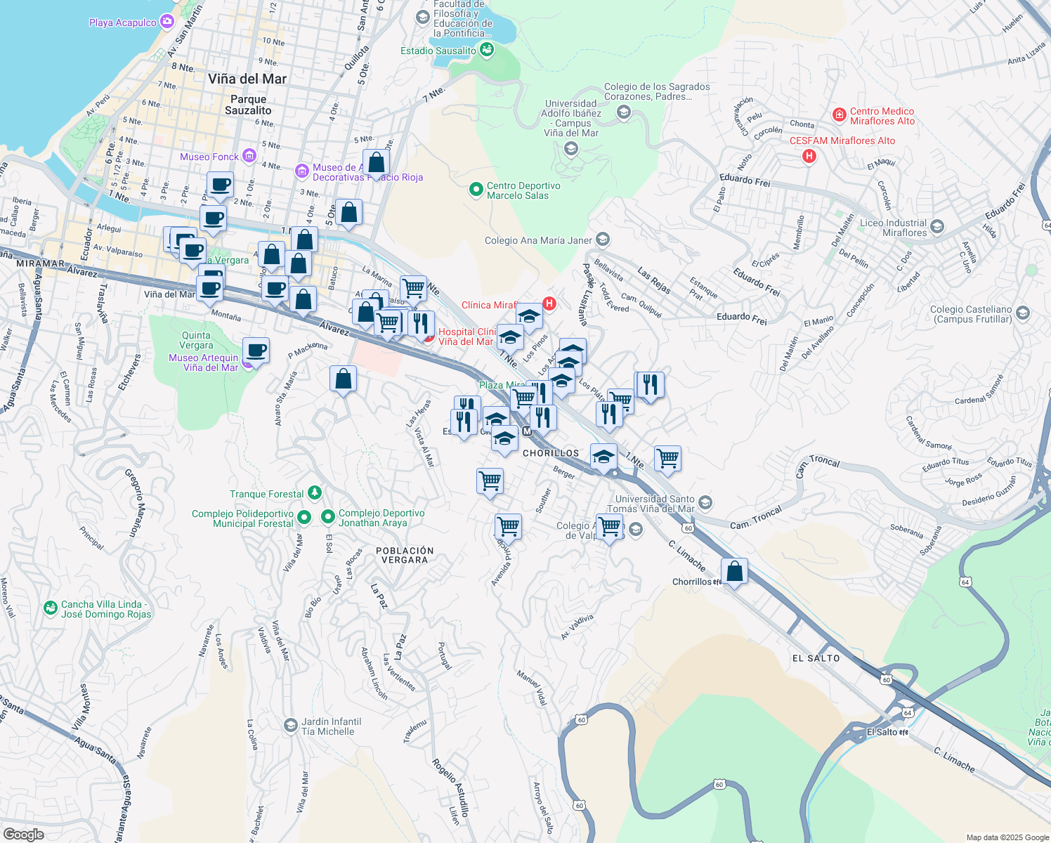 map of restaurants, bars, coffee shops, grocery stores, and more near 2241 Limache in Viña del Mar