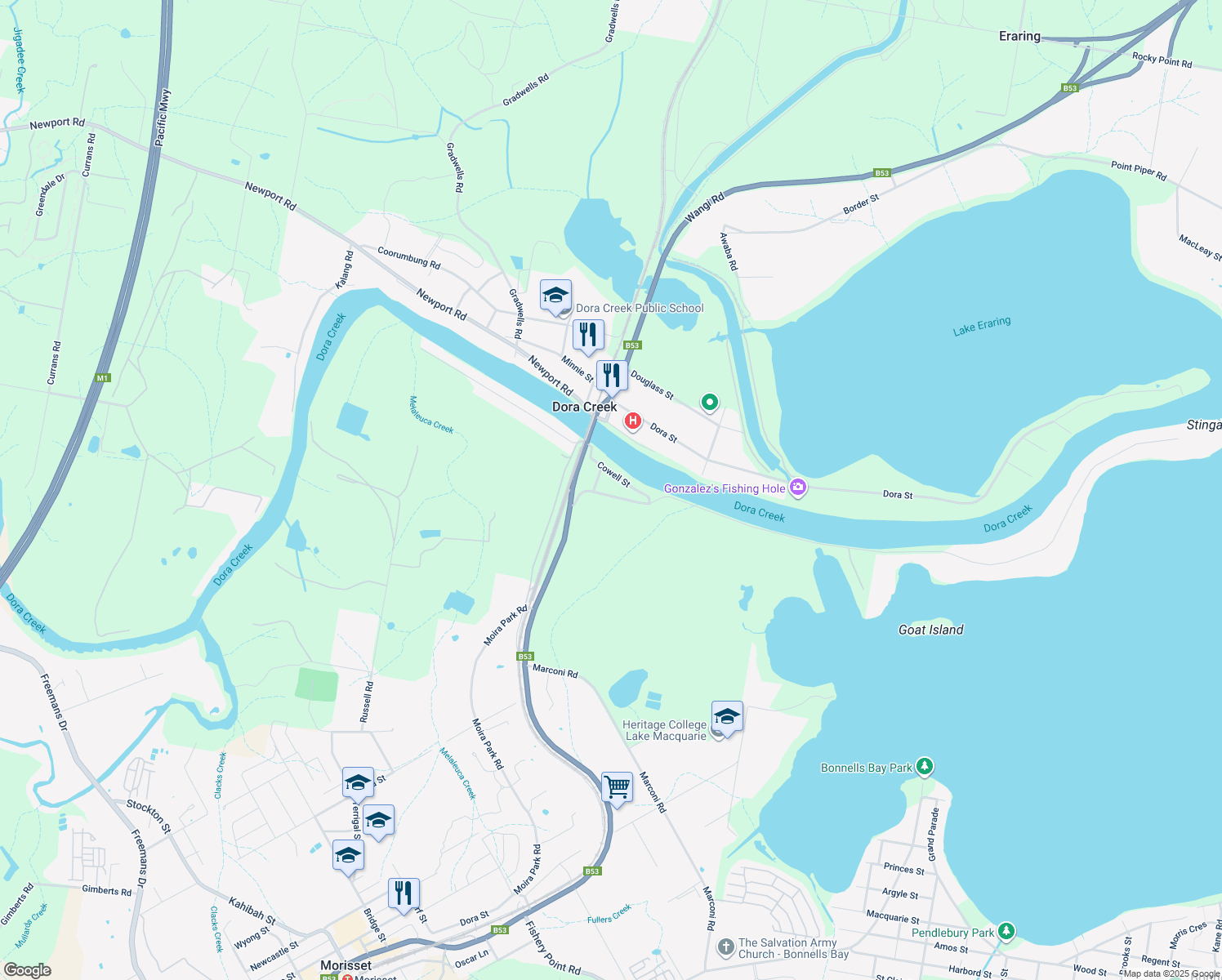 map of restaurants, bars, coffee shops, grocery stores, and more near 107 Stingaree Point Drive in Dora Creek