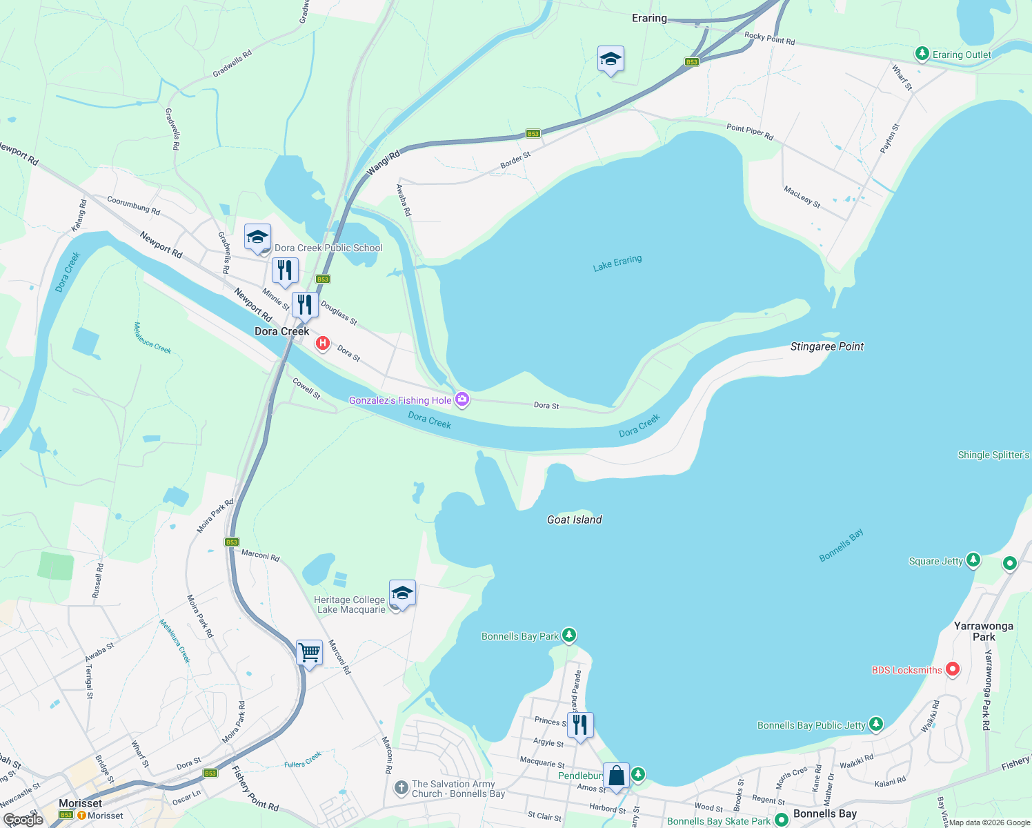 map of restaurants, bars, coffee shops, grocery stores, and more near 138 Dora Street in Dora Creek