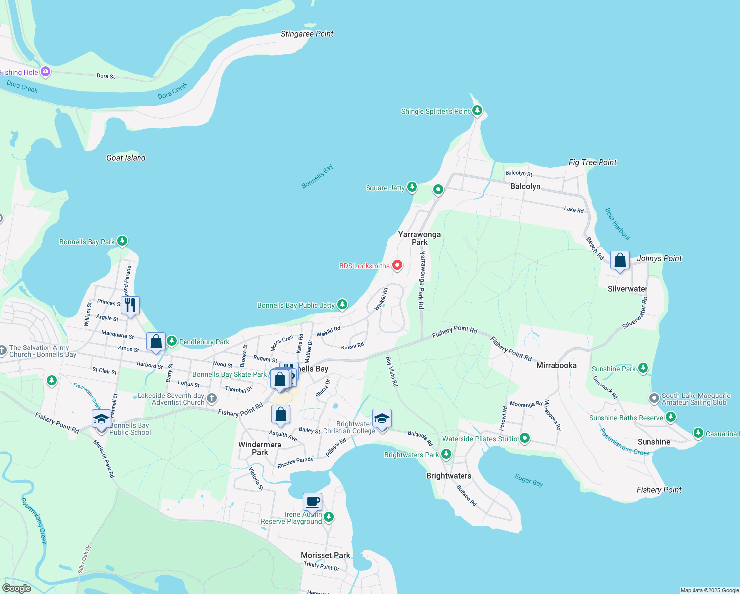map of restaurants, bars, coffee shops, grocery stores, and more near 17 Marina Road in Bonnells Bay