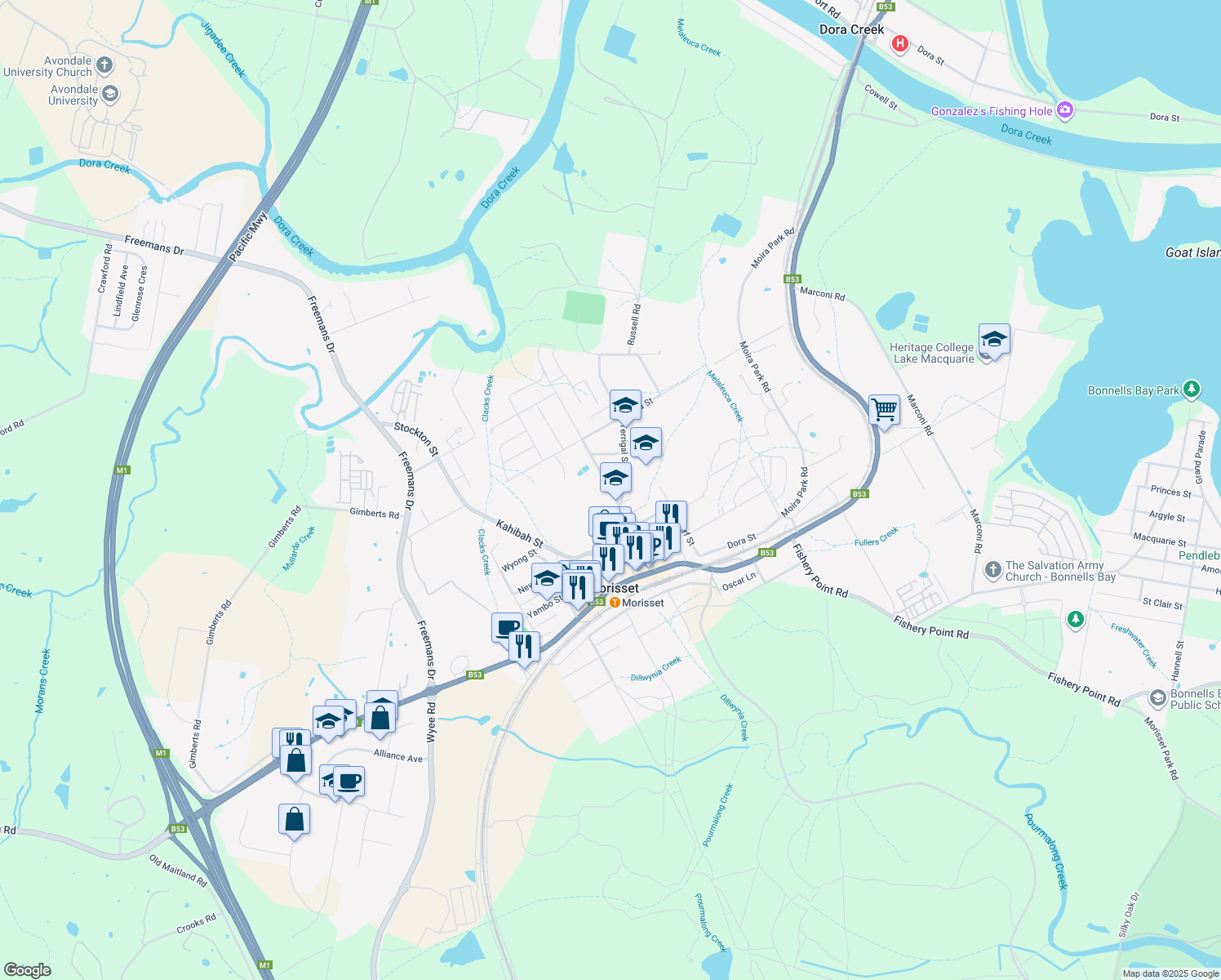 map of restaurants, bars, coffee shops, grocery stores, and more near Bridge Street in Morisset
