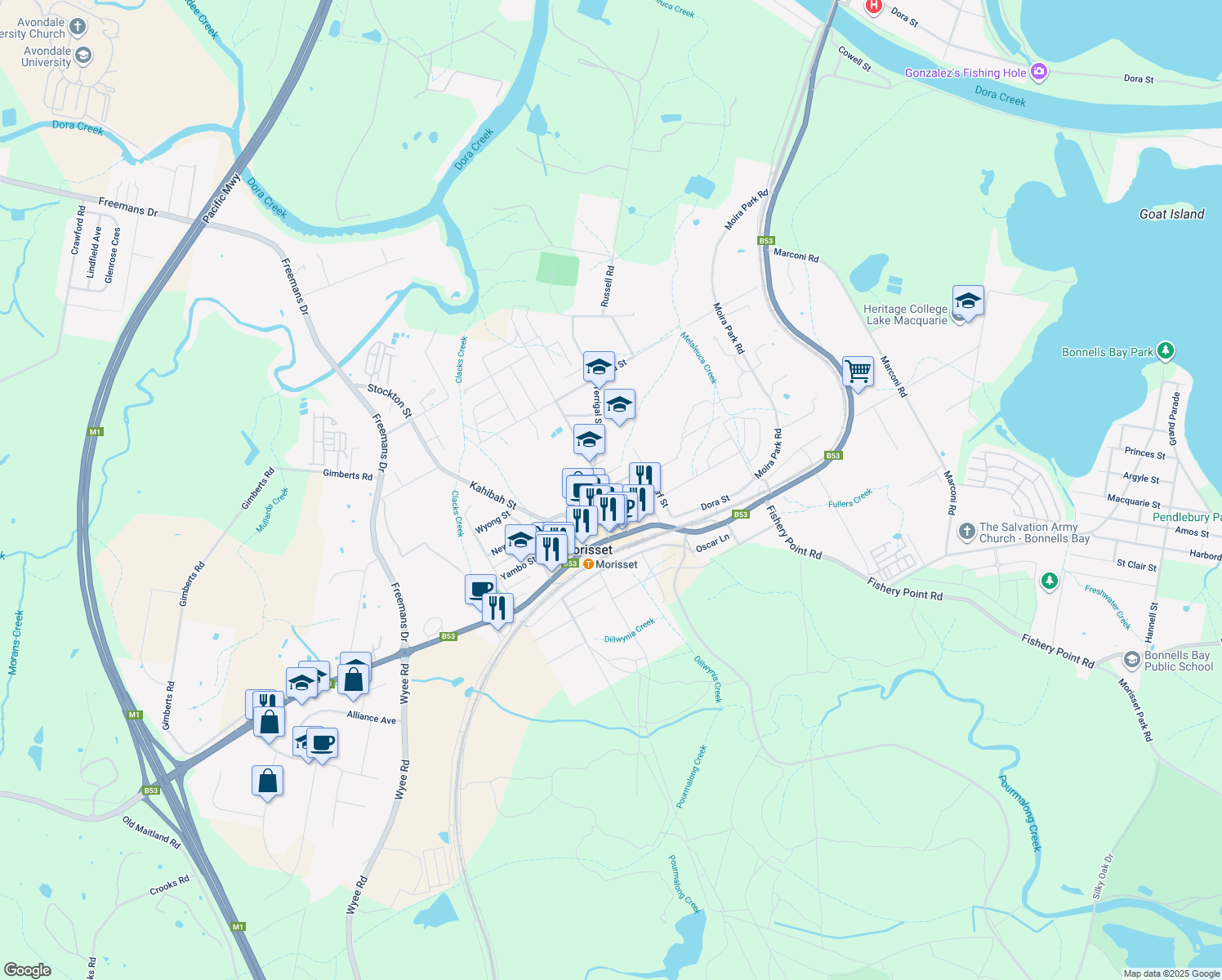 map of restaurants, bars, coffee shops, grocery stores, and more near 118 Bridge Street in Morisset