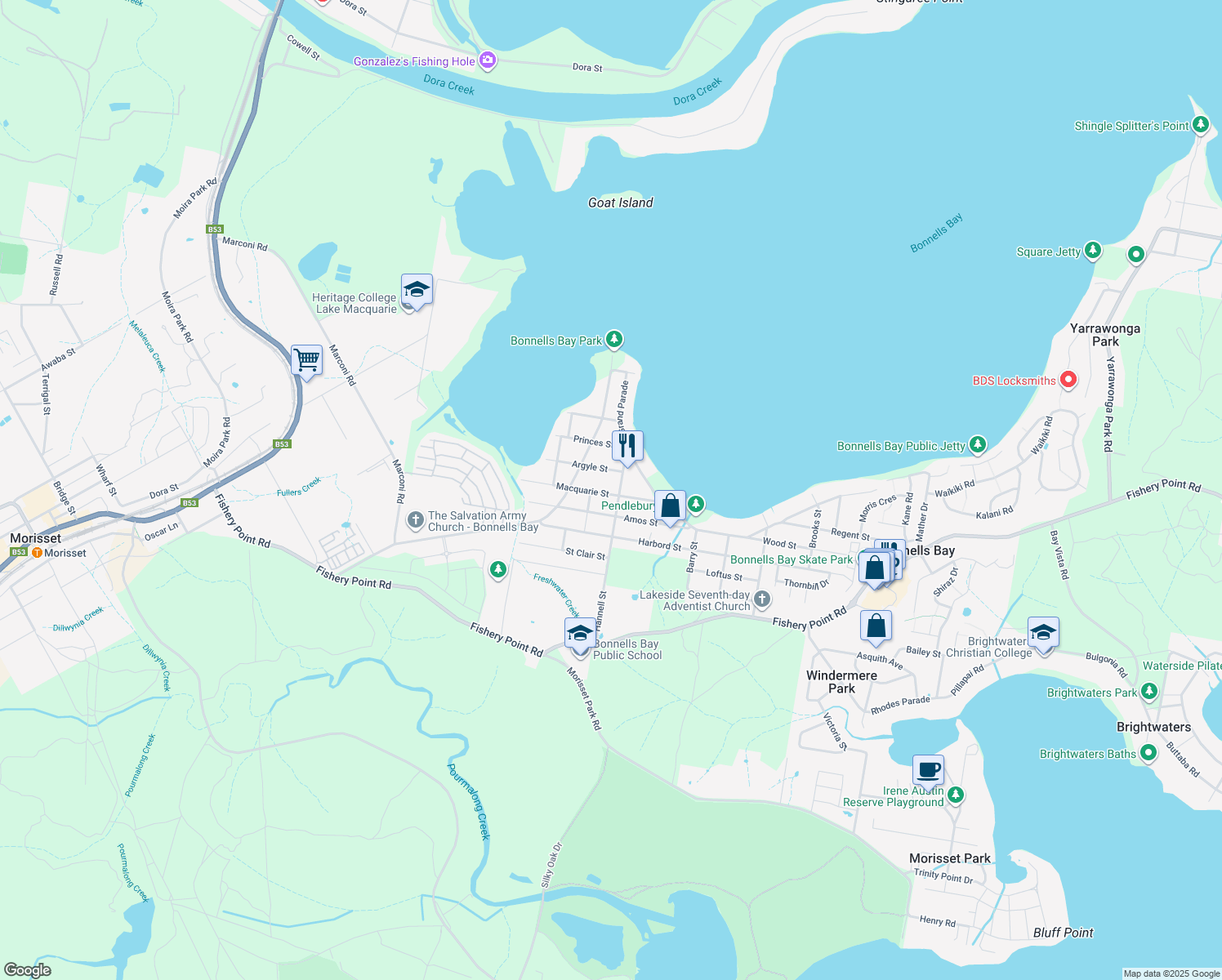 map of restaurants, bars, coffee shops, grocery stores, and more near 21 Macquarie Street in Bonnells Bay