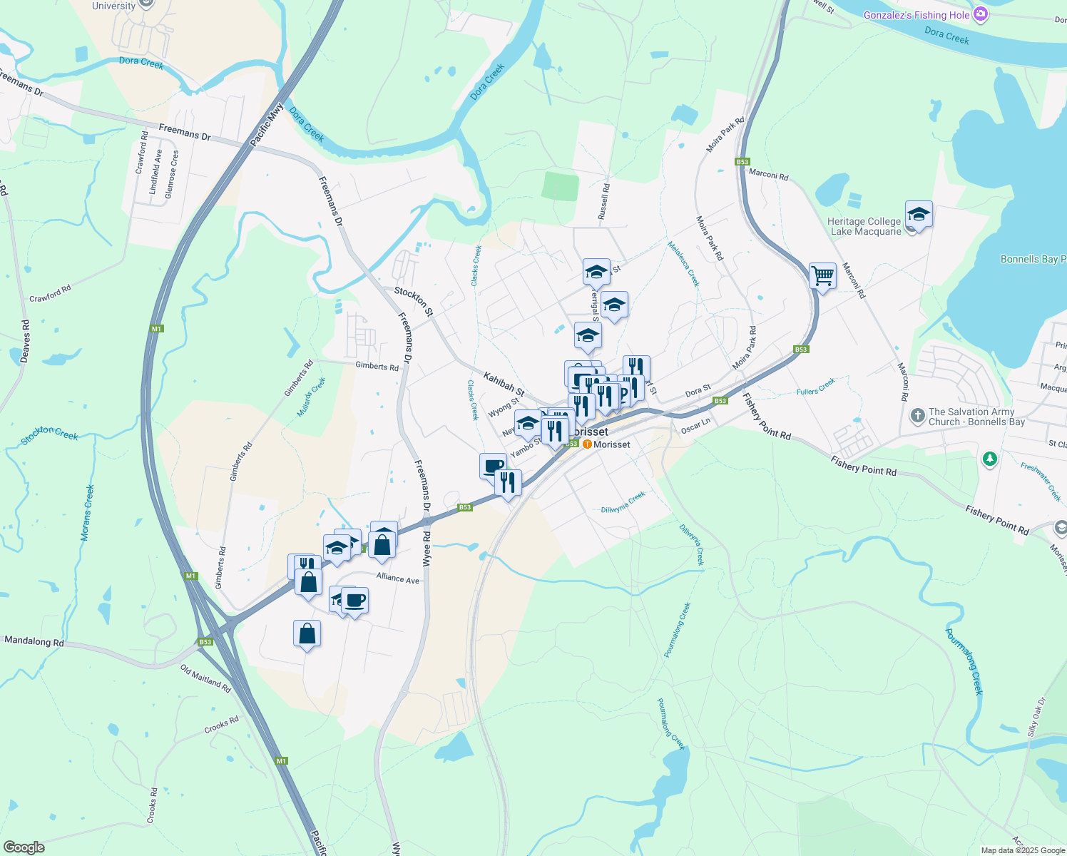 map of restaurants, bars, coffee shops, grocery stores, and more near 10 Doyalson Street in Morisset