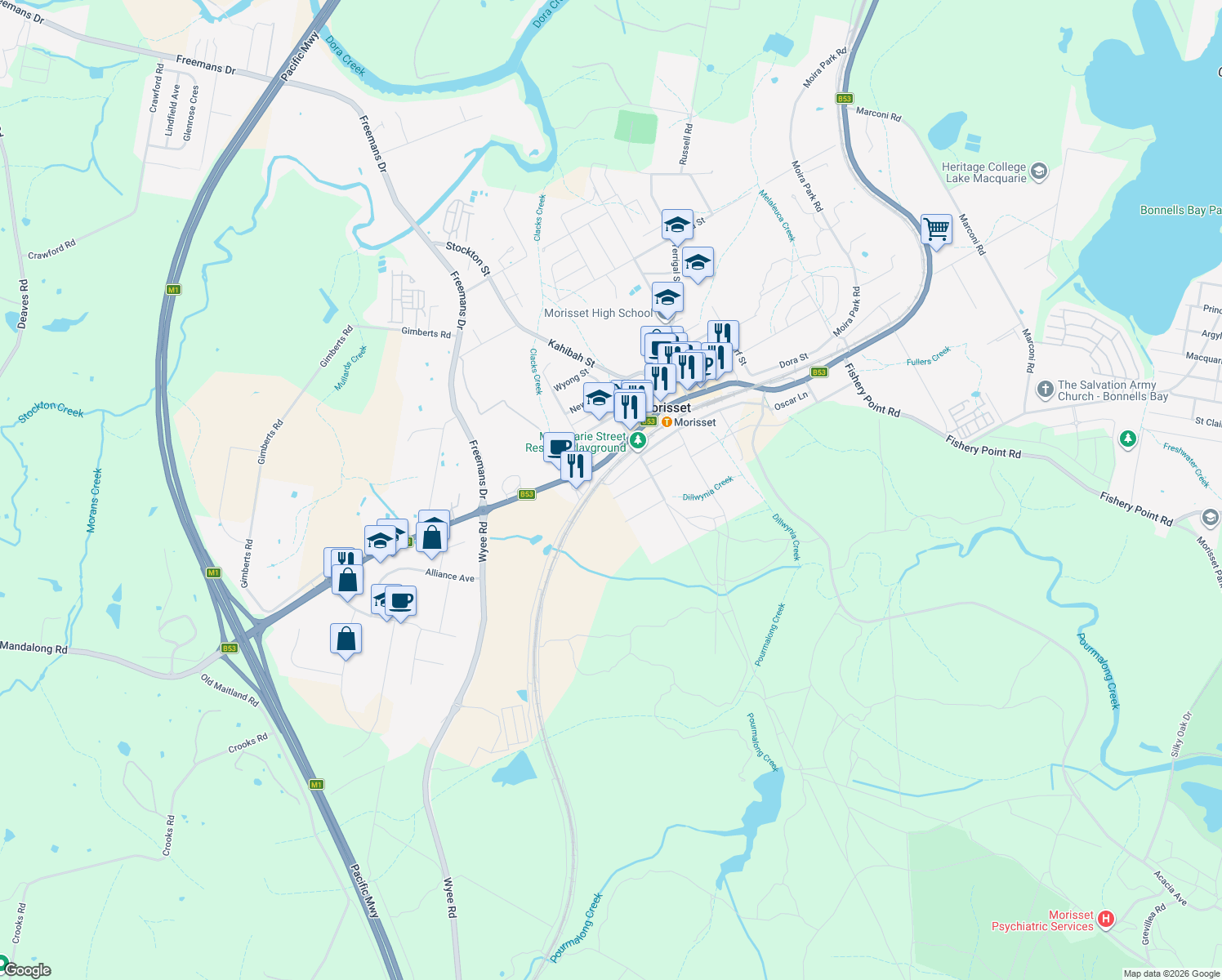 map of restaurants, bars, coffee shops, grocery stores, and more near 162 Macquarie Street in Morisset