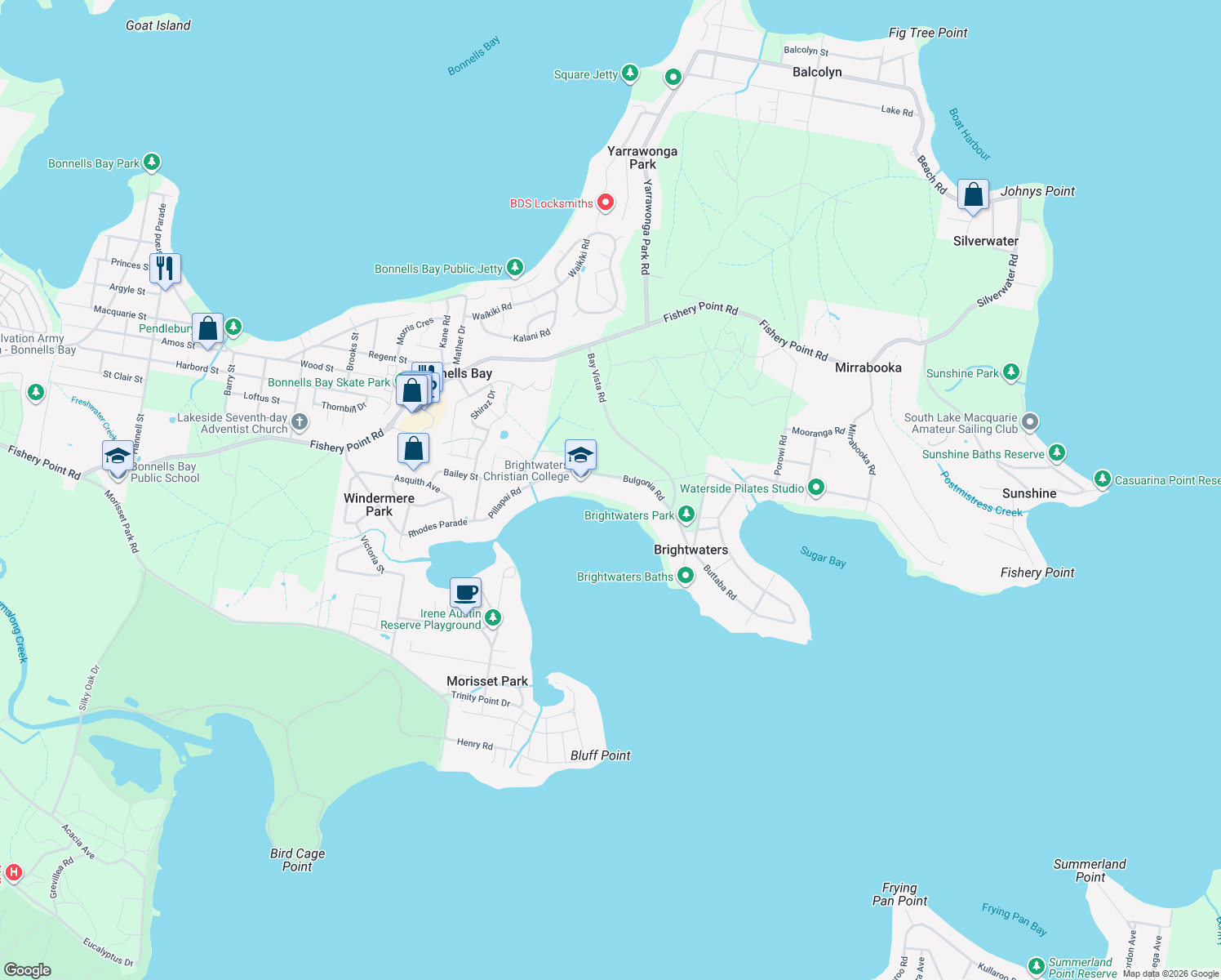map of restaurants, bars, coffee shops, grocery stores, and more near 62 Bulgonia Road in Brightwaters