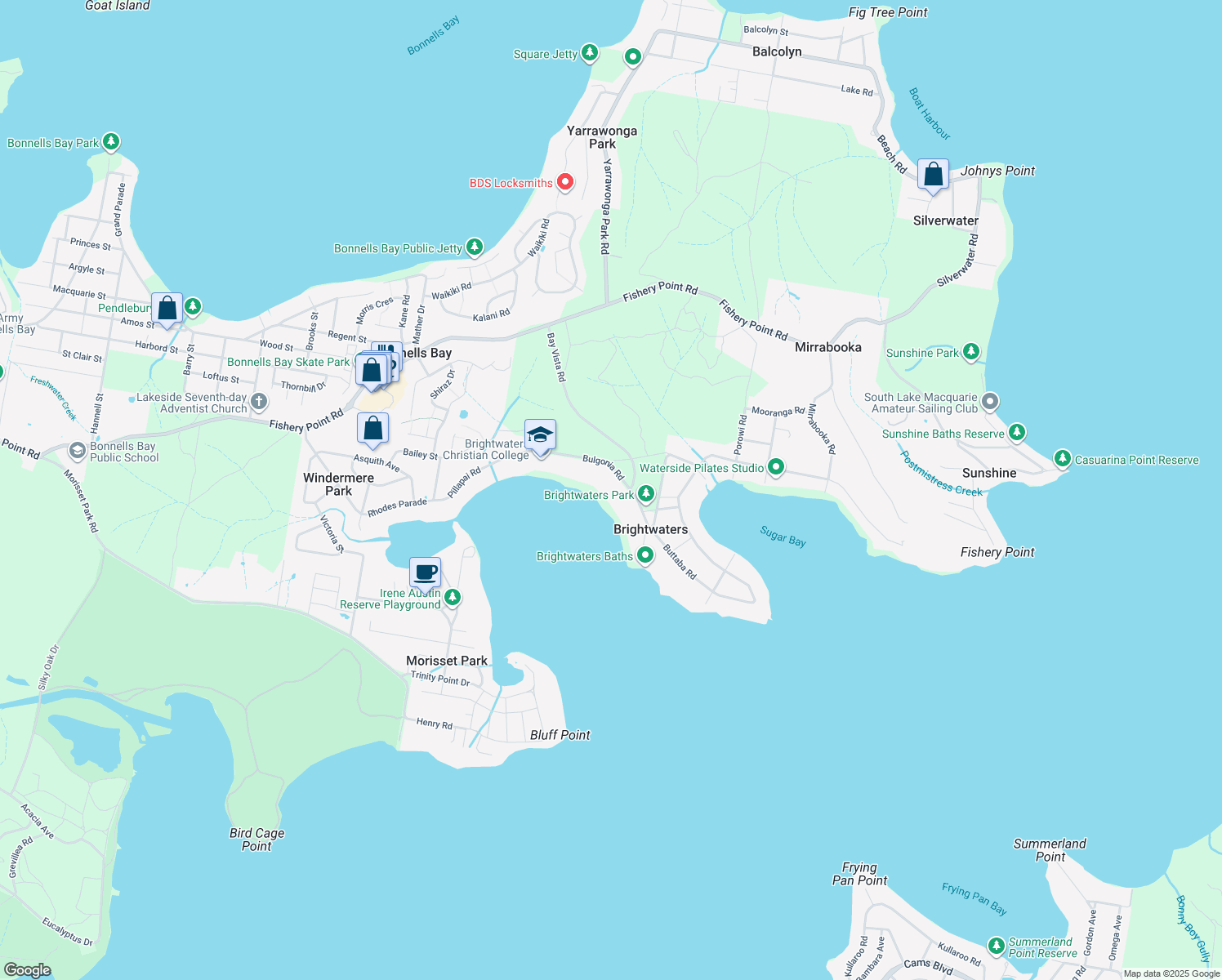 map of restaurants, bars, coffee shops, grocery stores, and more near 38A Bulgonia Road in Brightwaters
