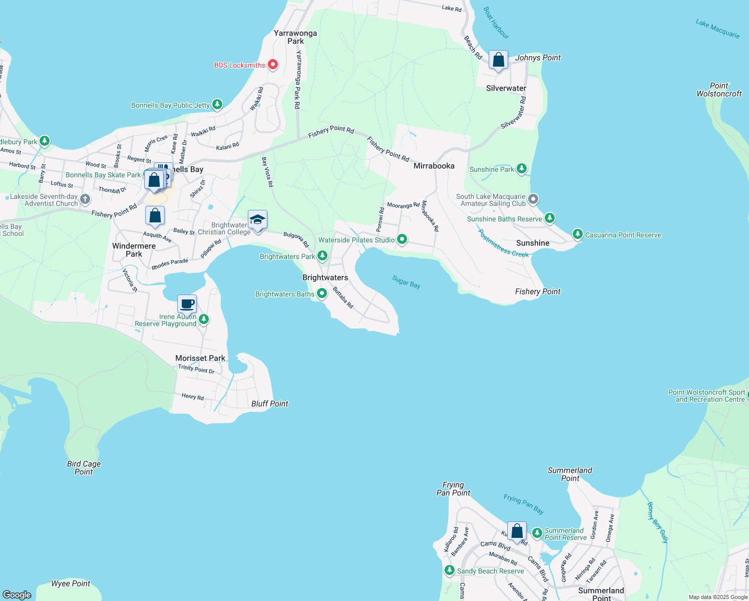 map of restaurants, bars, coffee shops, grocery stores, and more near 29 Dandaraga Road in Brightwaters