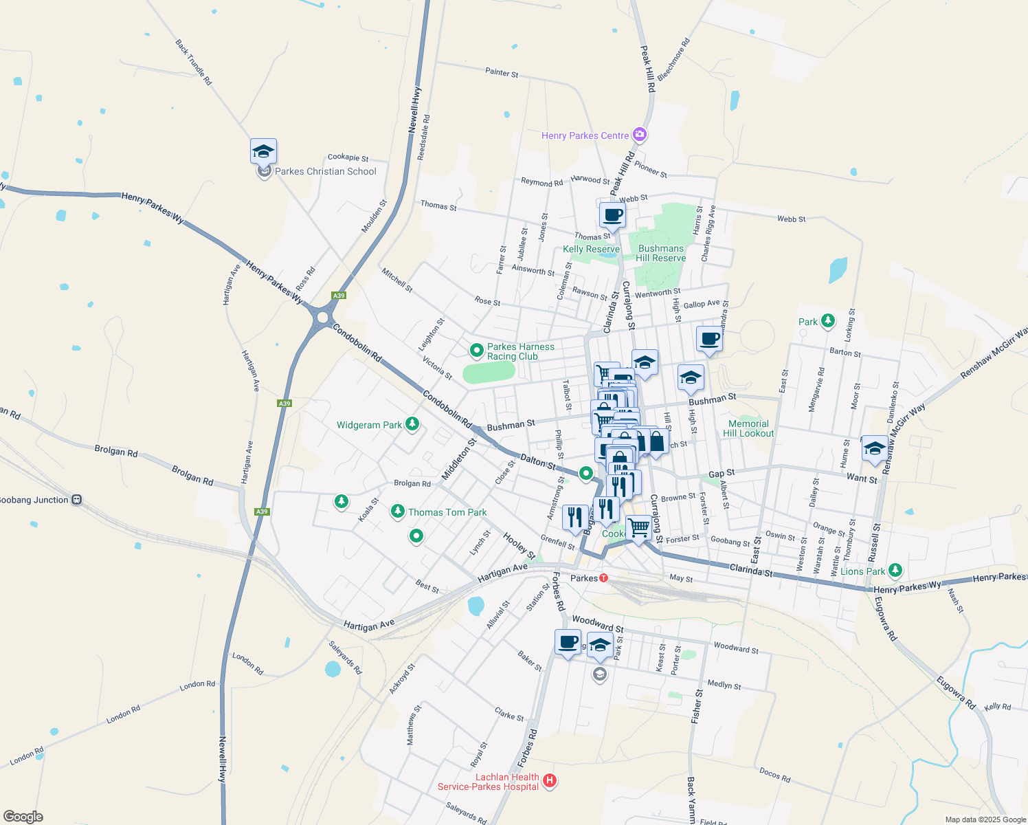 map of restaurants, bars, coffee shops, grocery stores, and more near 2 Metcalfe Street in Parkes