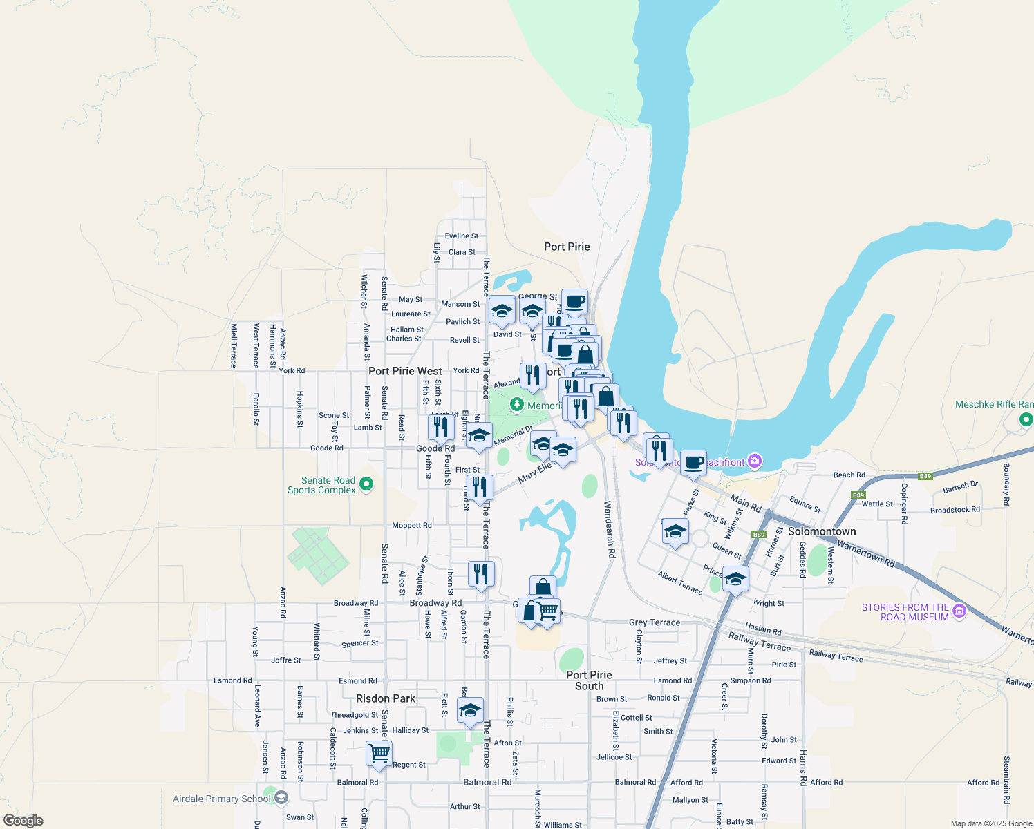 map of restaurants, bars, coffee shops, grocery stores, and more near Memorial Drive in Port Pirie West