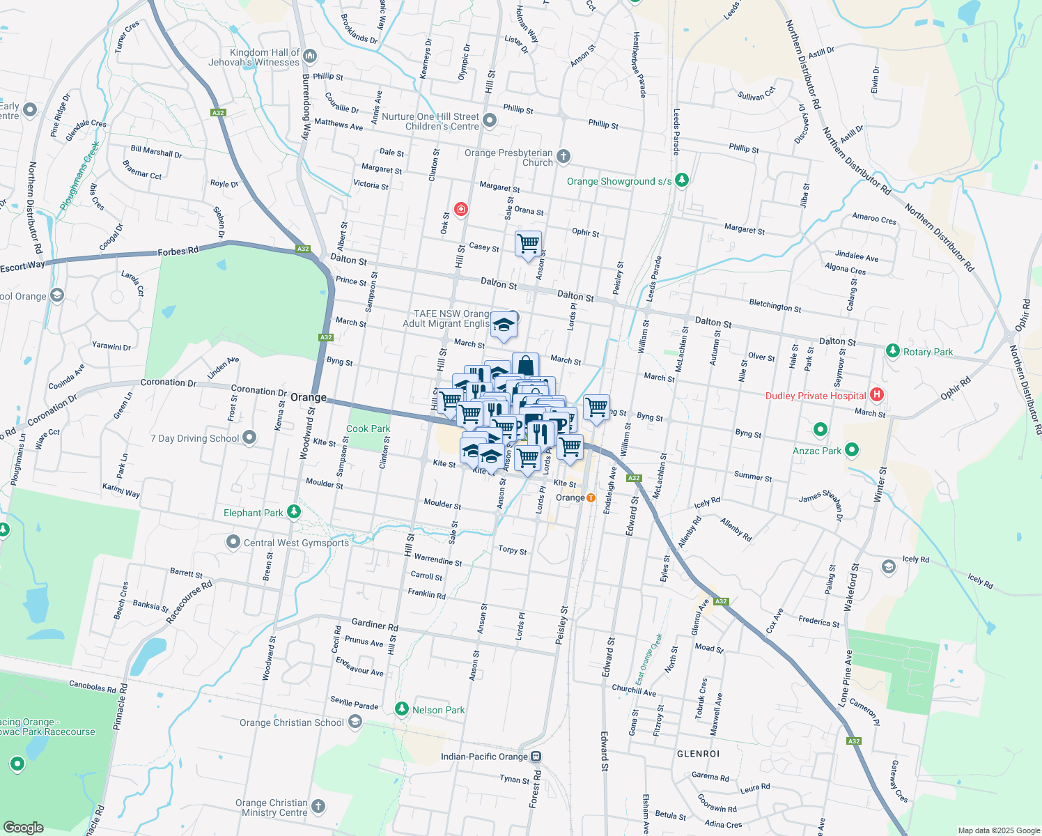 map of restaurants, bars, coffee shops, grocery stores, and more near 222 Anson Street in Orange