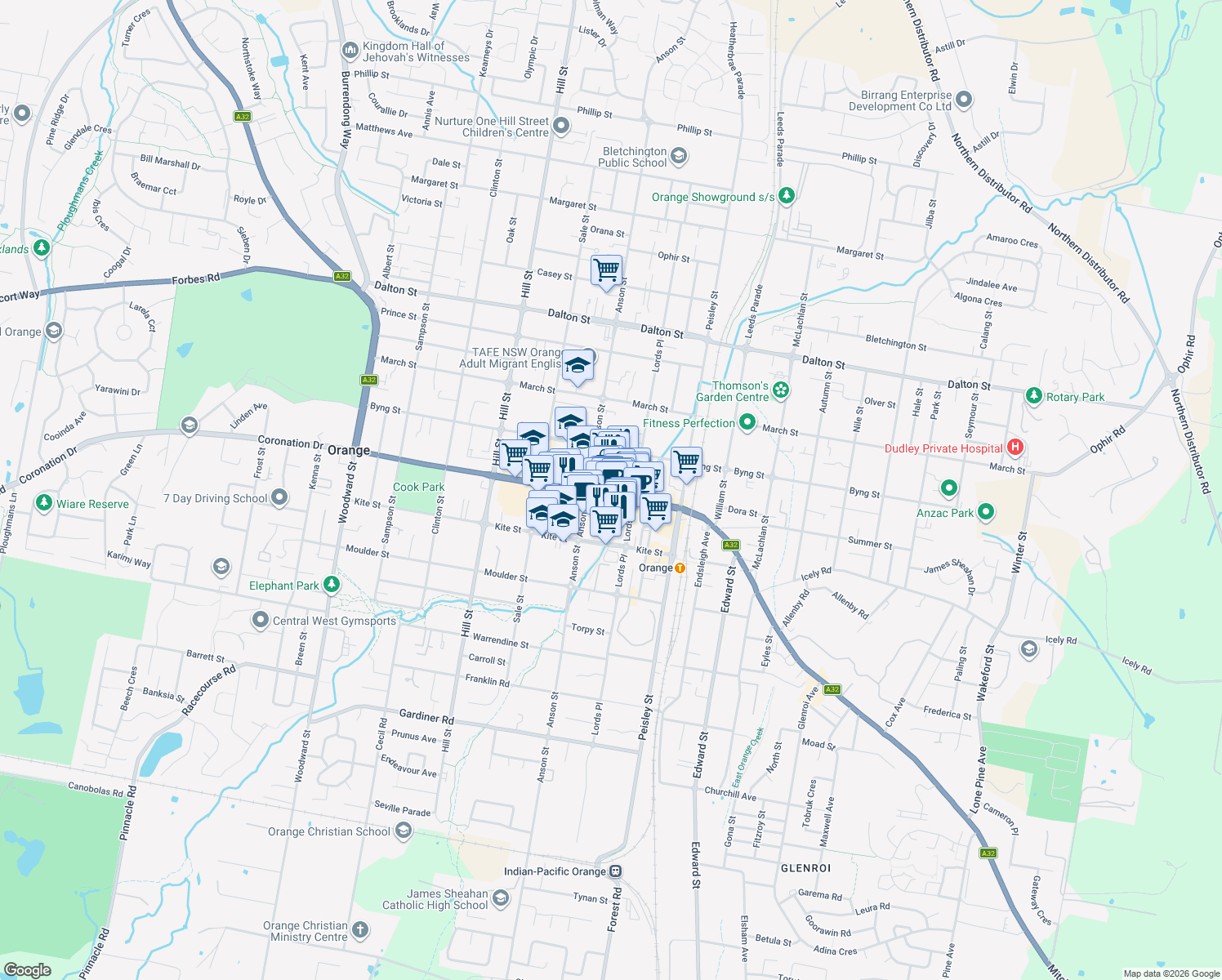 map of restaurants, bars, coffee shops, grocery stores, and more near in Orange