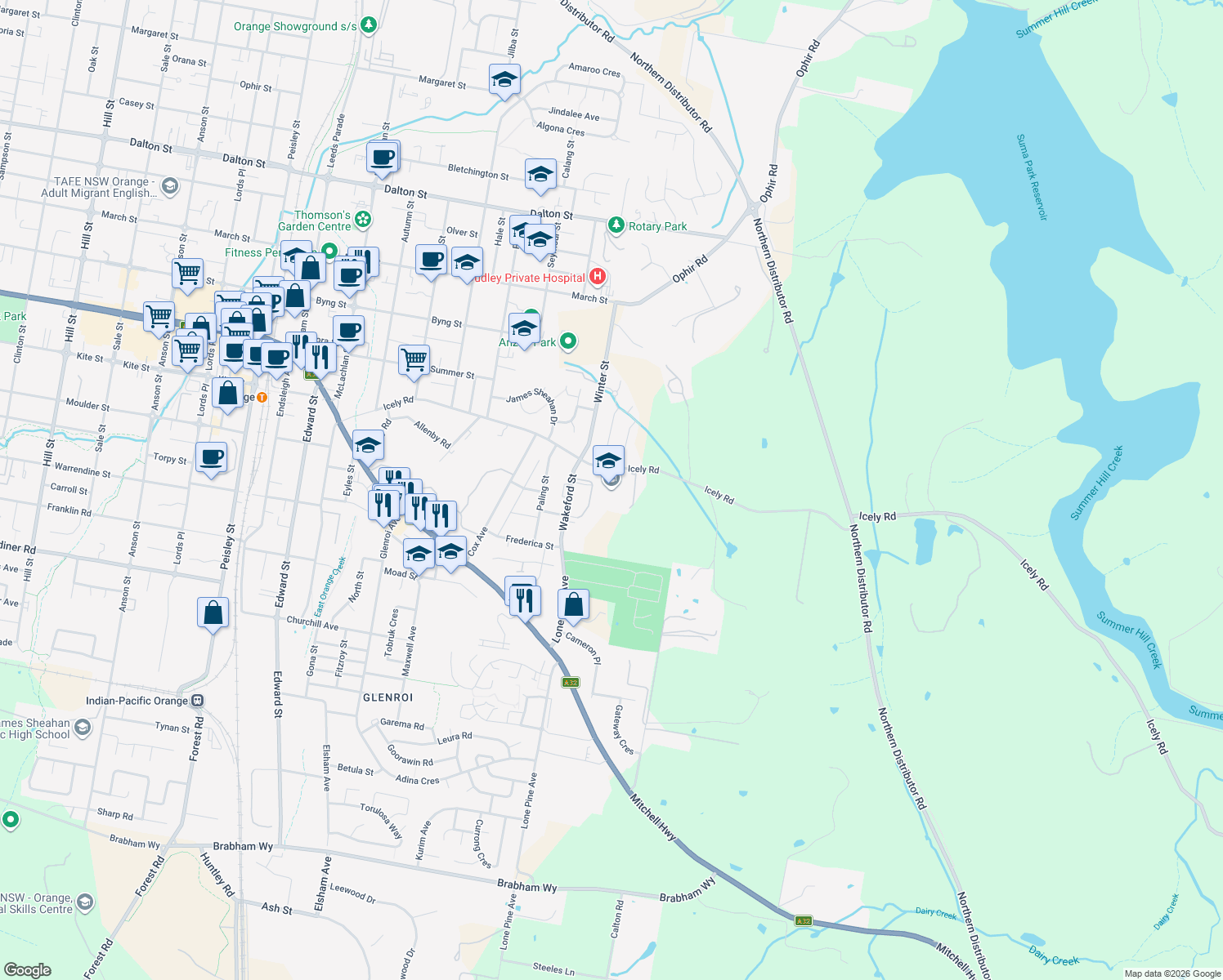 map of restaurants, bars, coffee shops, grocery stores, and more near 142 Icely Road in Orange
