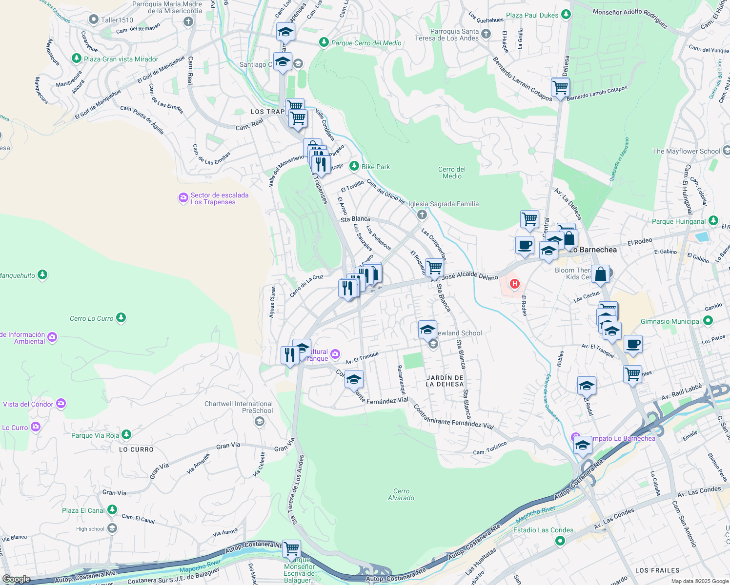 map of restaurants, bars, coffee shops, grocery stores, and more near 10581 José Alcalde Delano in Santiago