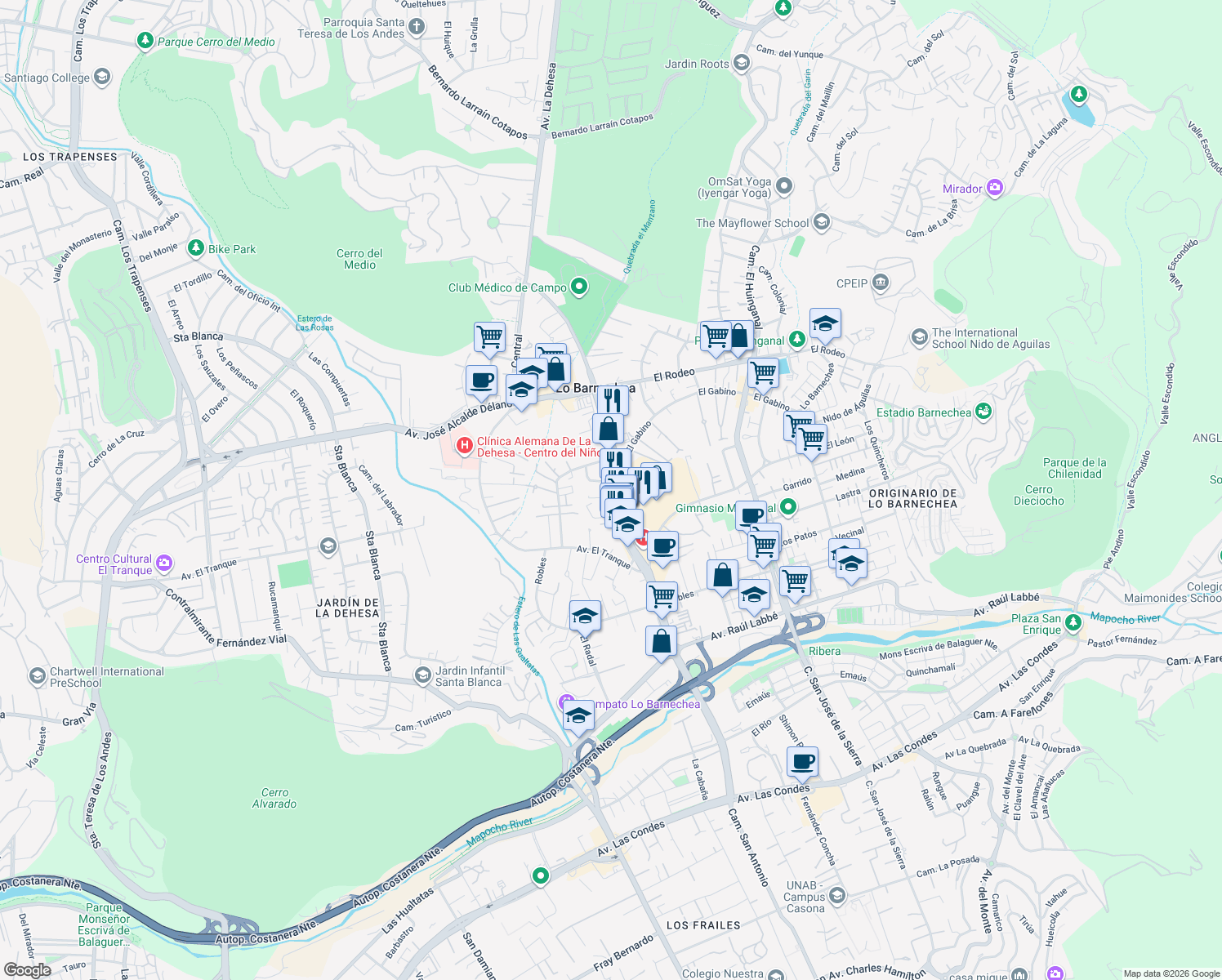 map of restaurants, bars, coffee shops, grocery stores, and more near 1672 Avenida La Dehesa in Lo Barnechea