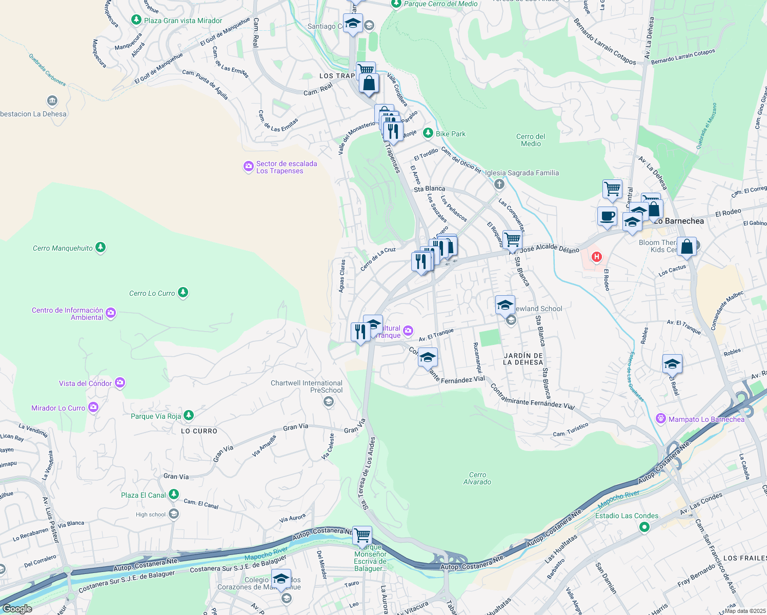 map of restaurants, bars, coffee shops, grocery stores, and more near 10581 José Alcalde Delano in Santiago