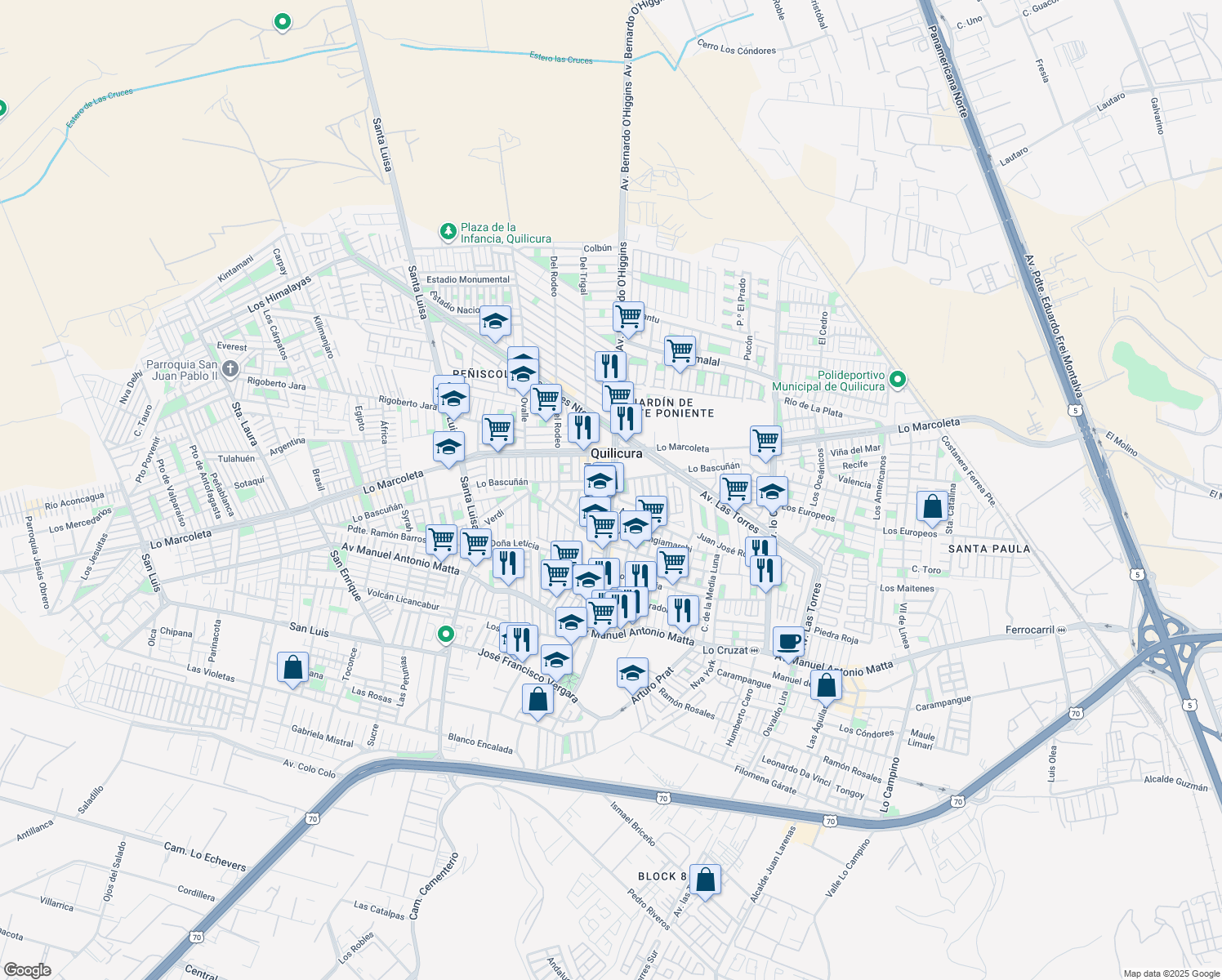 map of restaurants, bars, coffee shops, grocery stores, and more near 201 Avenida Bernardo O'Higgins in Quilicura