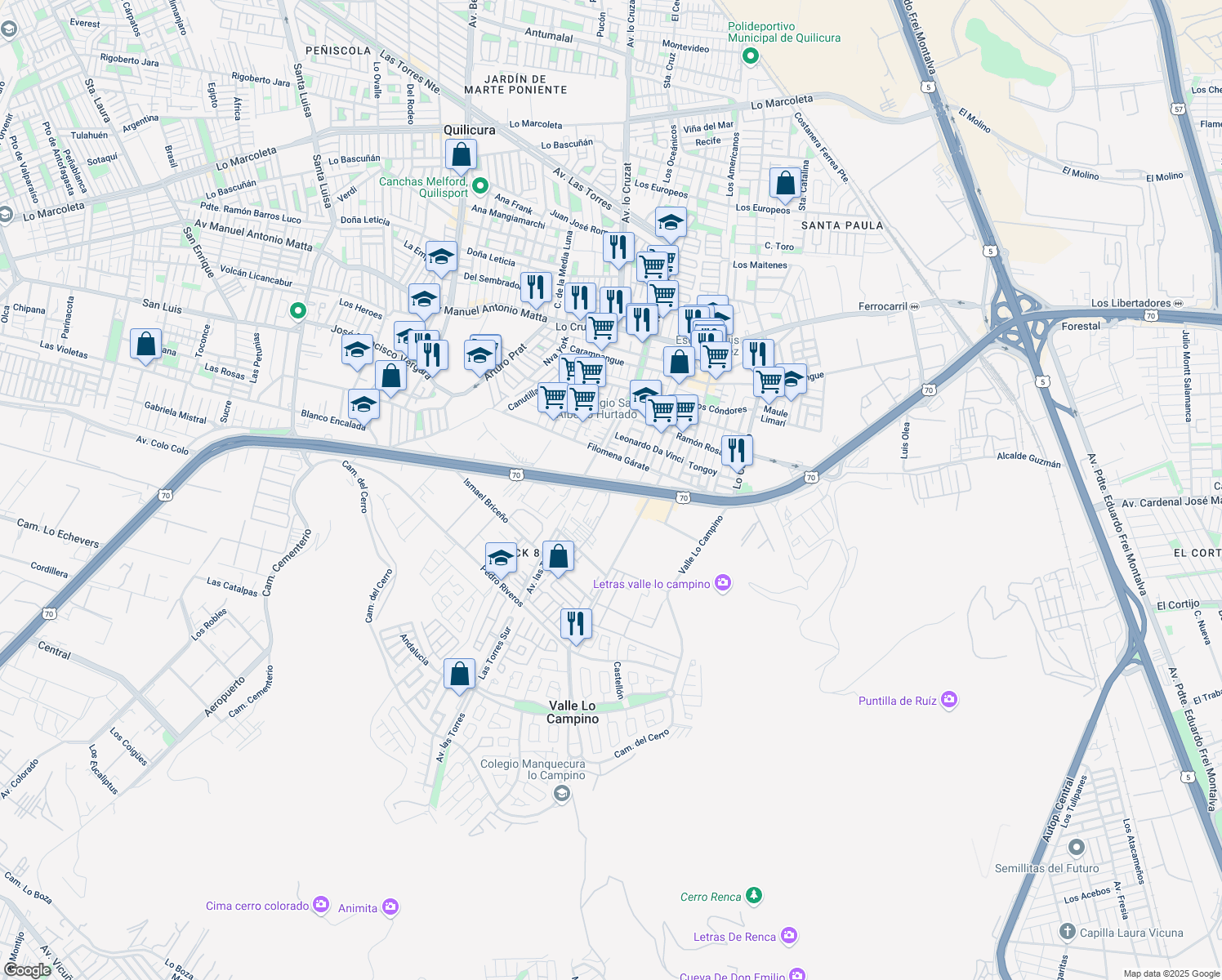 map of restaurants, bars, coffee shops, grocery stores, and more near 1597 Avenida Américo Vespucio in Quilicura