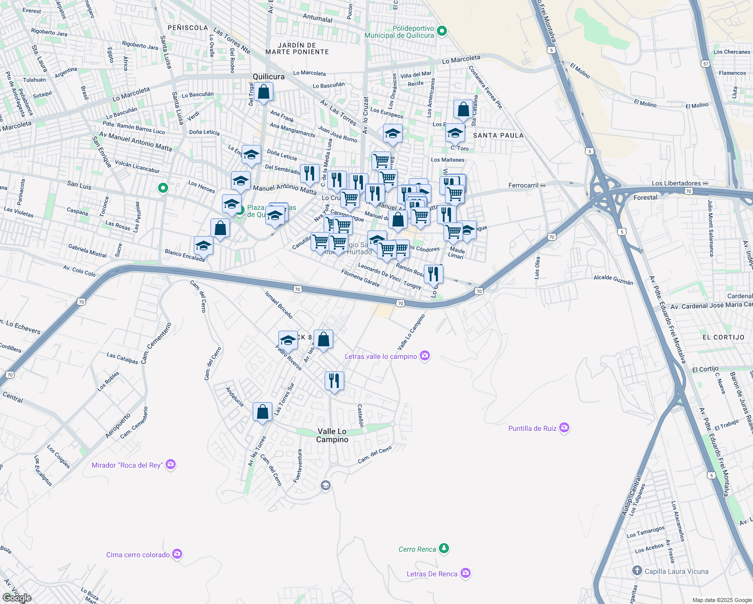map of restaurants, bars, coffee shops, grocery stores, and more near 1597 Avenida Américo Vespucio in Quilicura