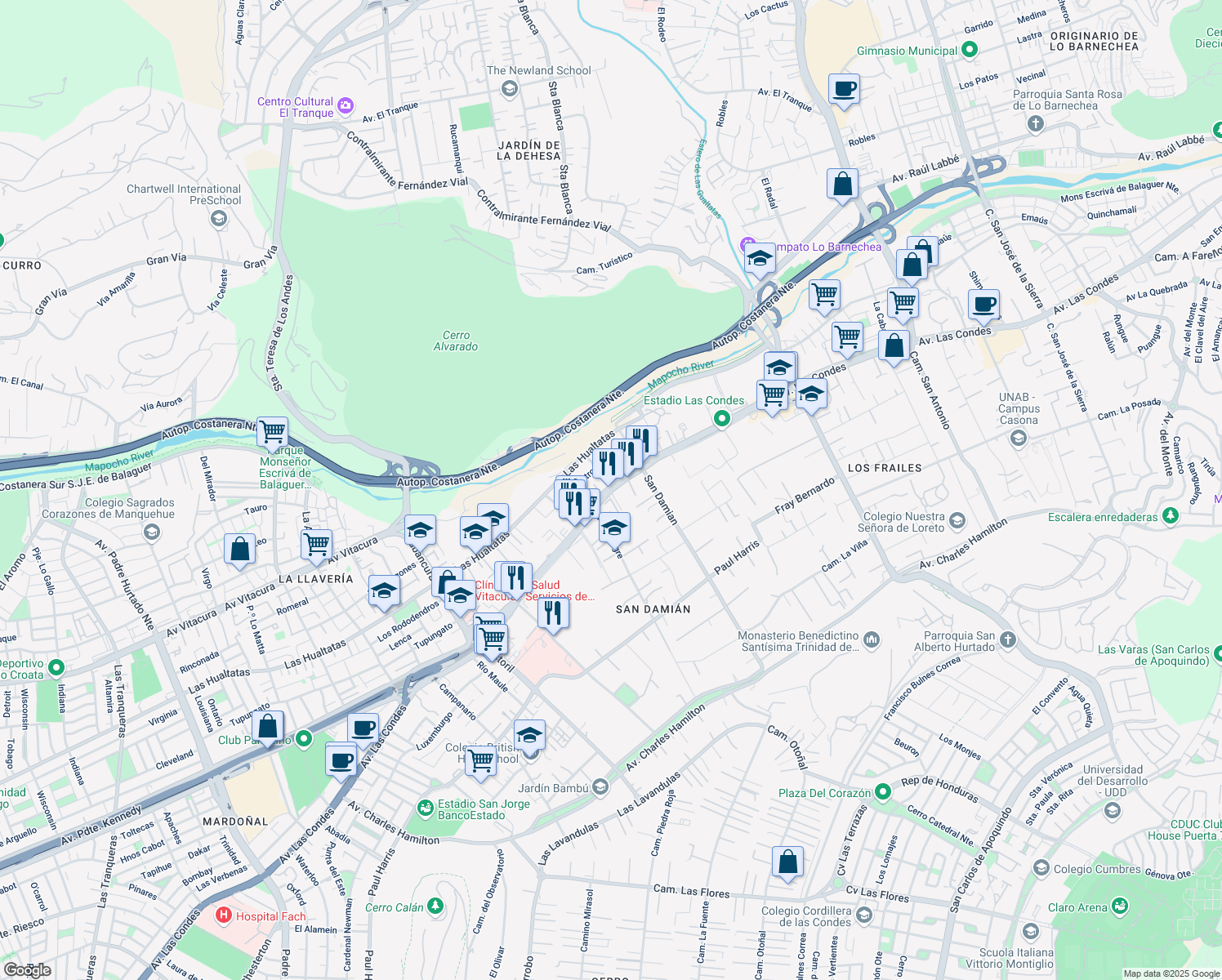 map of restaurants, bars, coffee shops, grocery stores, and more near 11285 Las Condes in Santiago