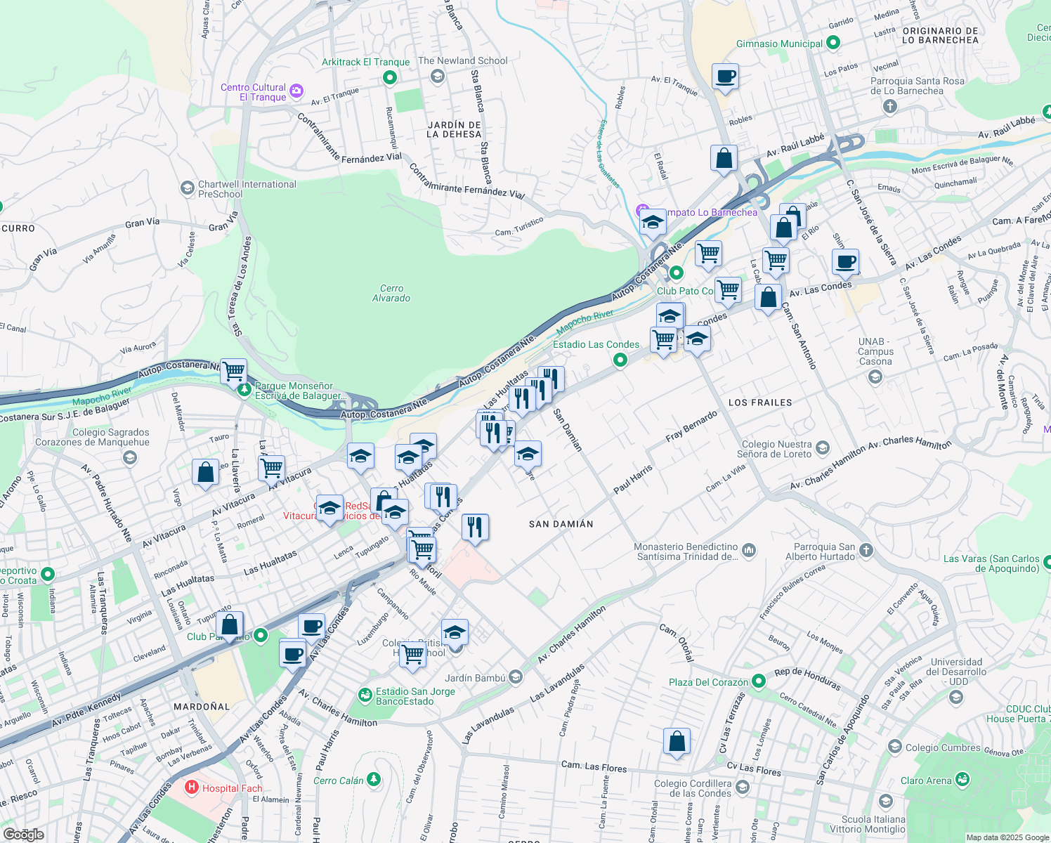 map of restaurants, bars, coffee shops, grocery stores, and more near 11287 Las Condes in Santiago